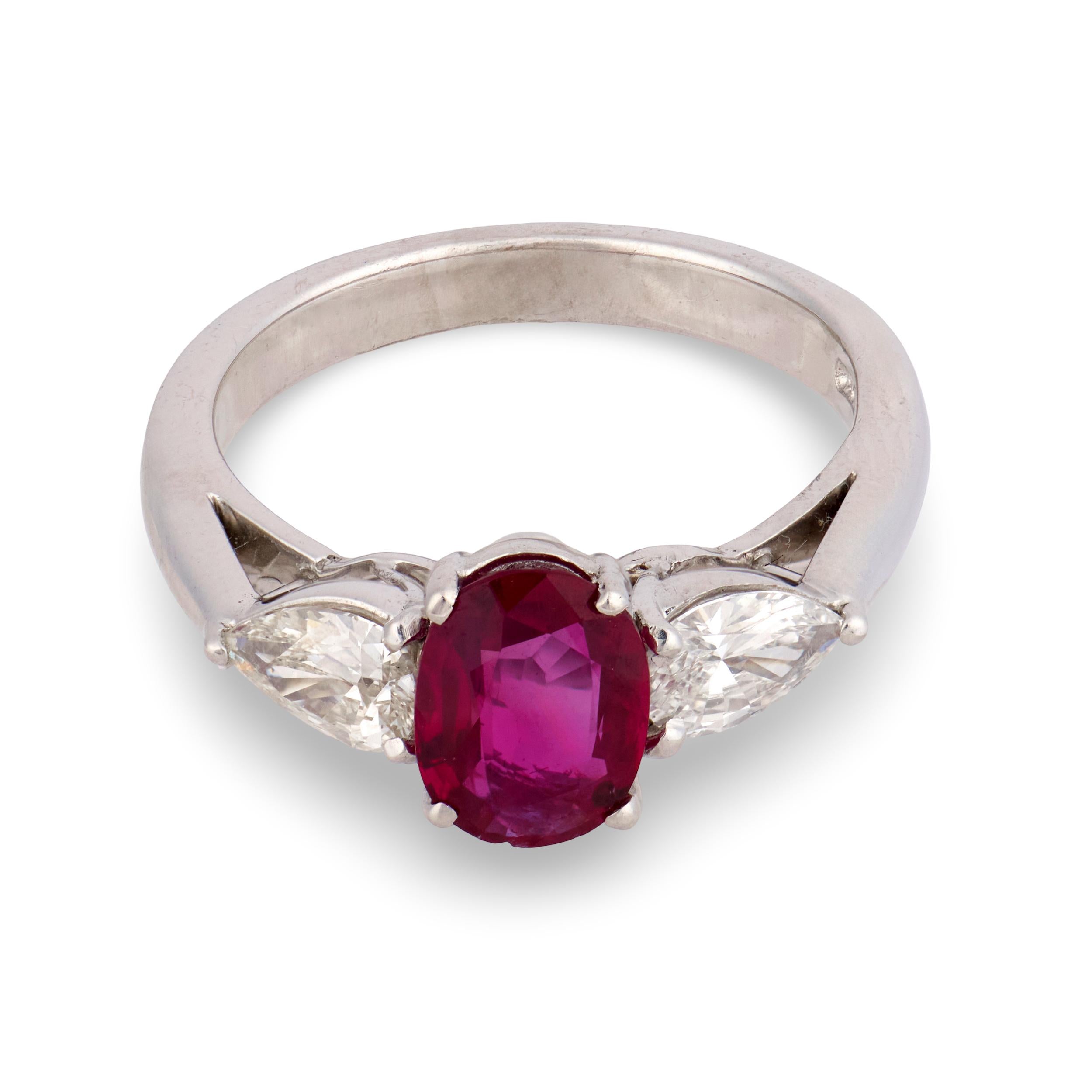 Estate Platinum GIA Ruby & Diamond Three Stone Ring