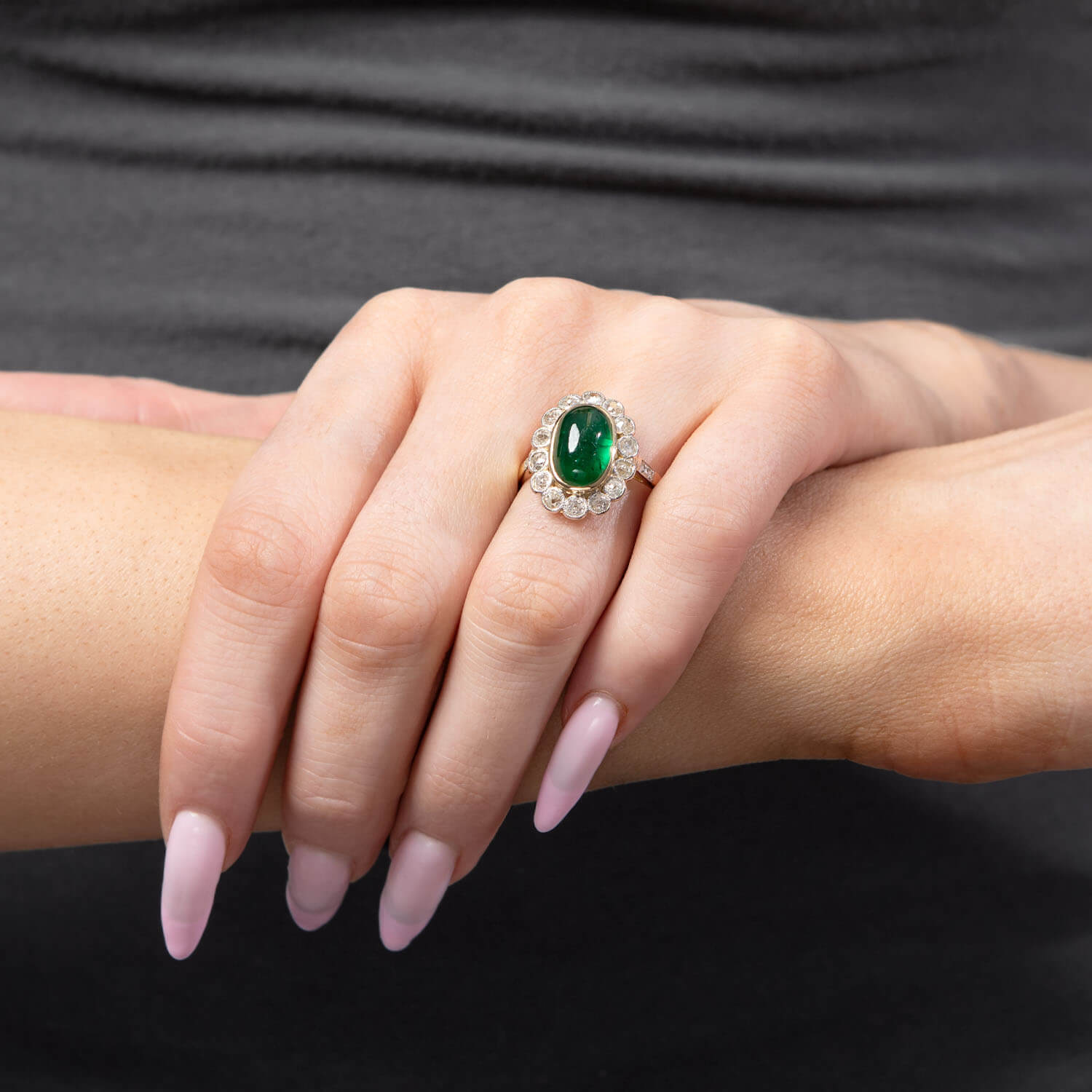 Edwardian French 18k/Platinum Emerald & Diamond Halo Ring