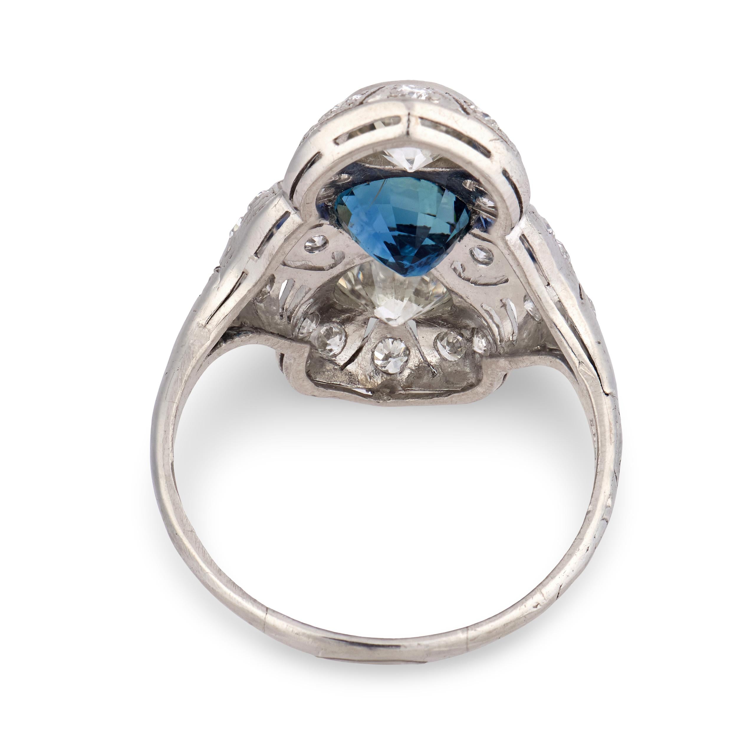 Edwardian Platinum Sapphire & Diamond Navette Ring