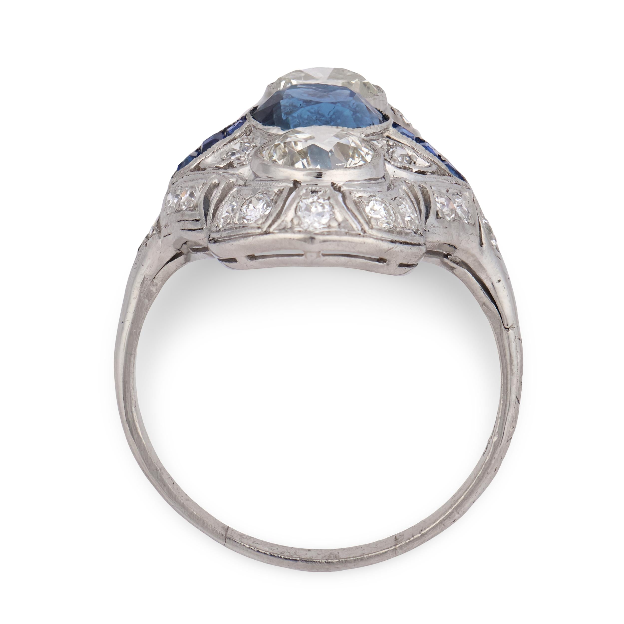 Edwardian Platinum Sapphire & Diamond Navette Ring