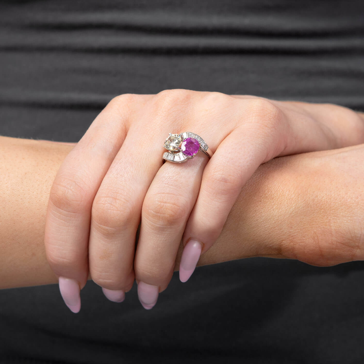 Estate Platinum Pink Sapphire & Diamond "Moi et Toi" Bypass Ring