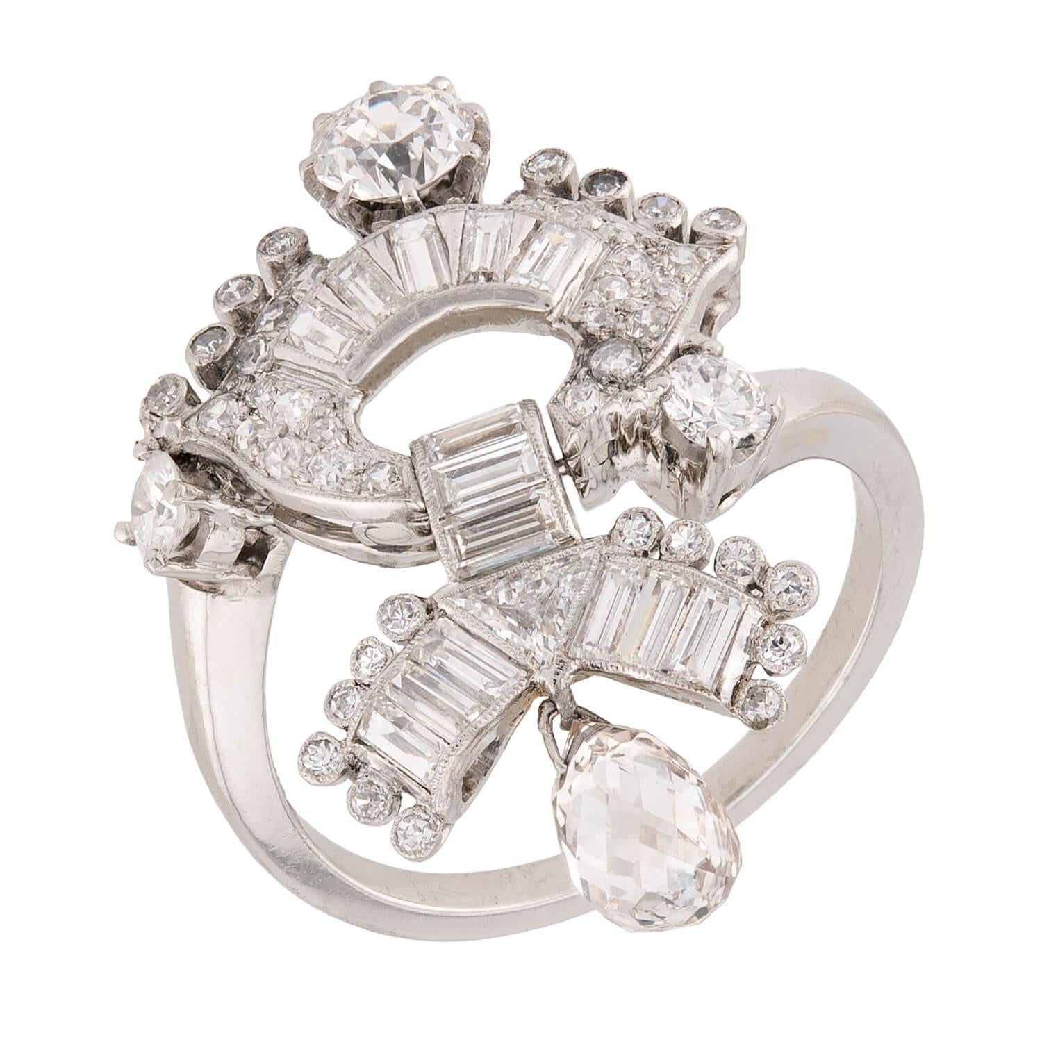Art Deco Platinum Diamond Briolette Ring