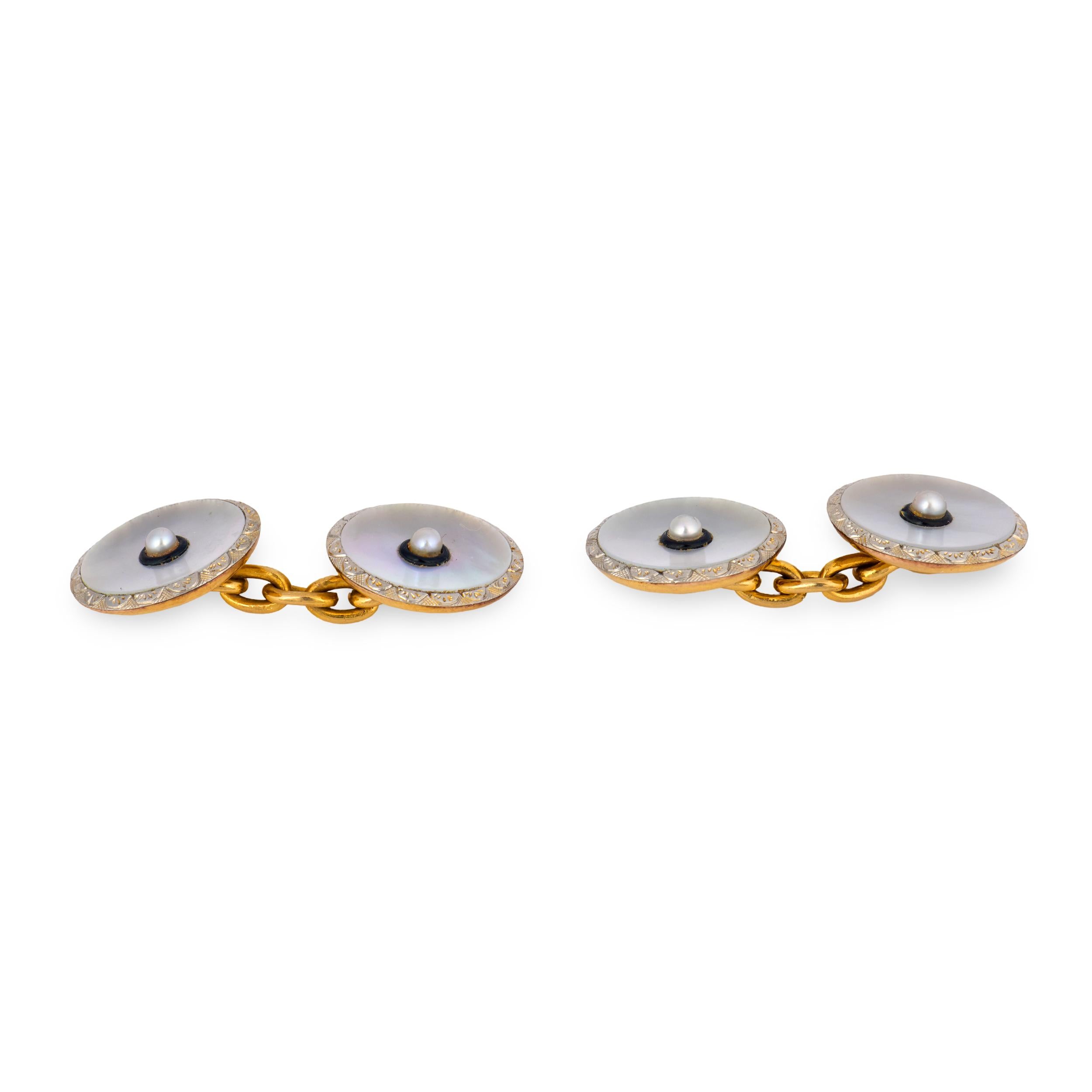 Edwardian 9k/Platinum Mother of Pearl, Pearl, & Enamel Cufflink Set
