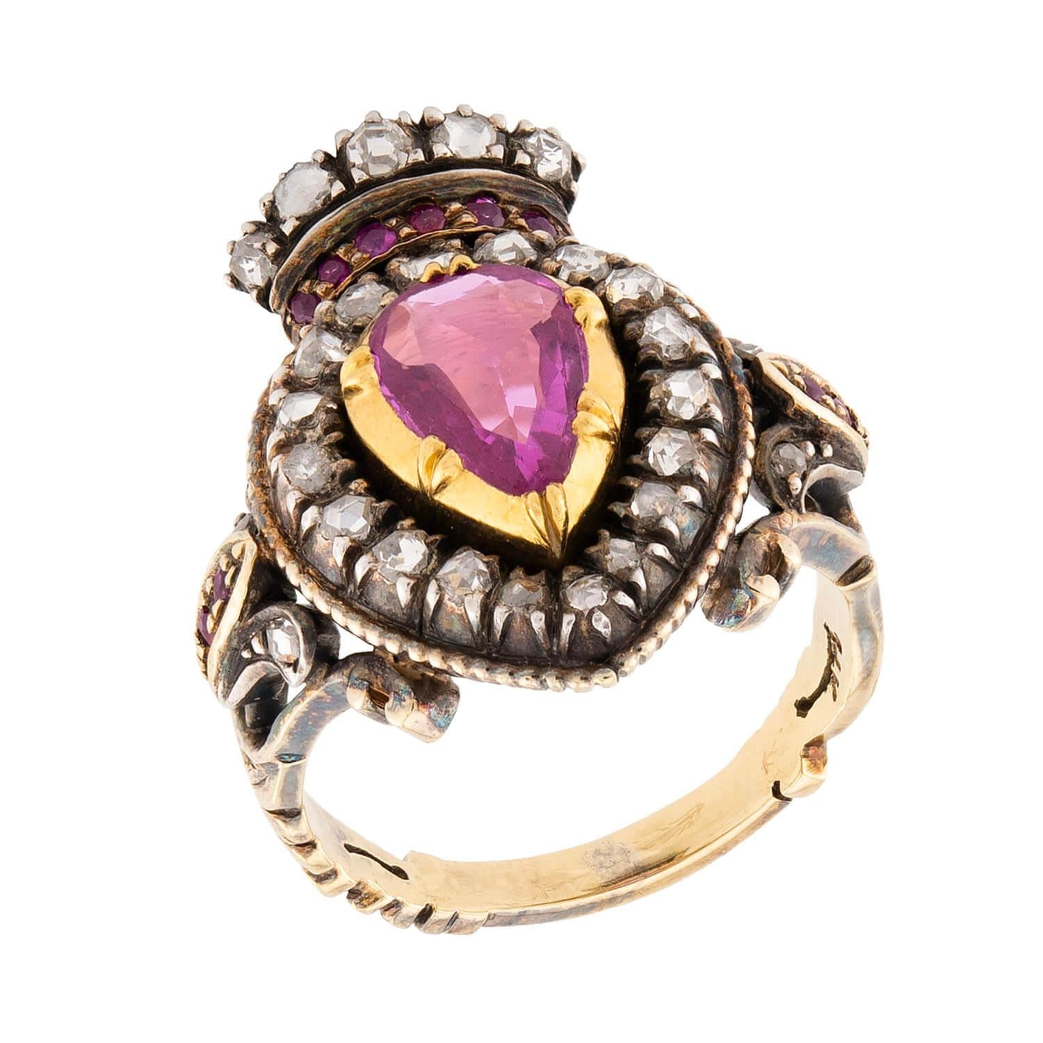Victorian 14k/Sterling Silver Ruby & Diamond Crown Ring