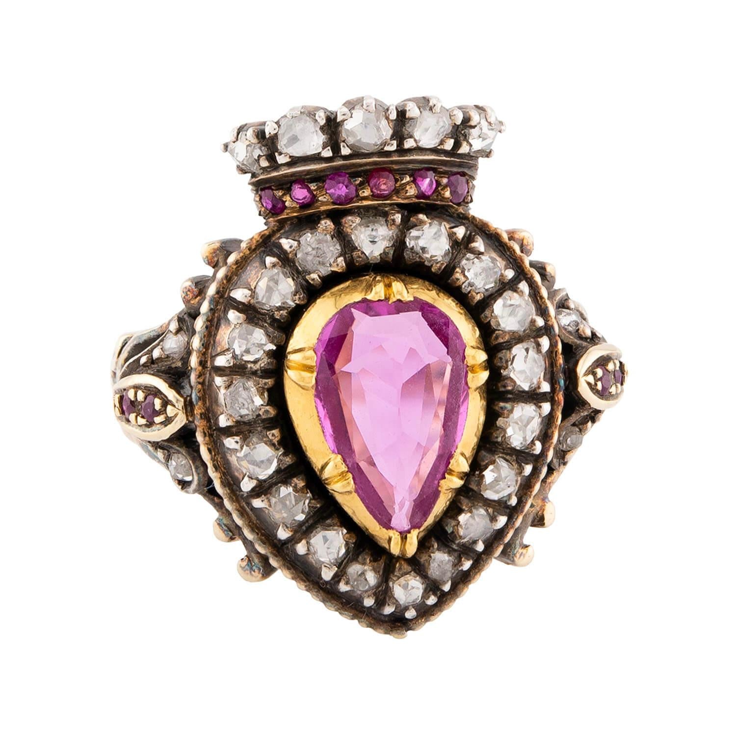 Victorian 14k/Sterling Silver Ruby & Diamond Crown Ring