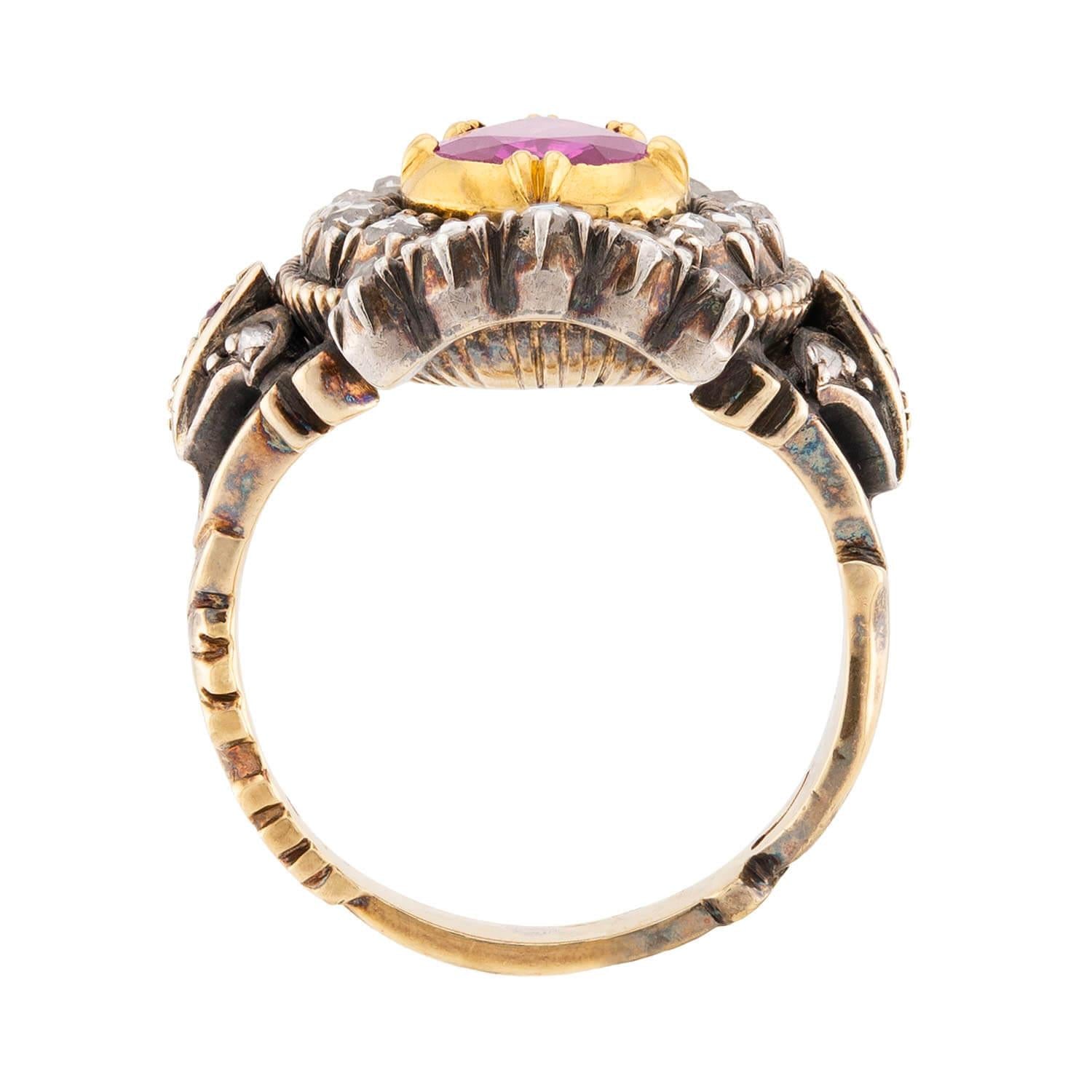 Victorian 14k/Sterling Silver Ruby & Diamond Crown Ring