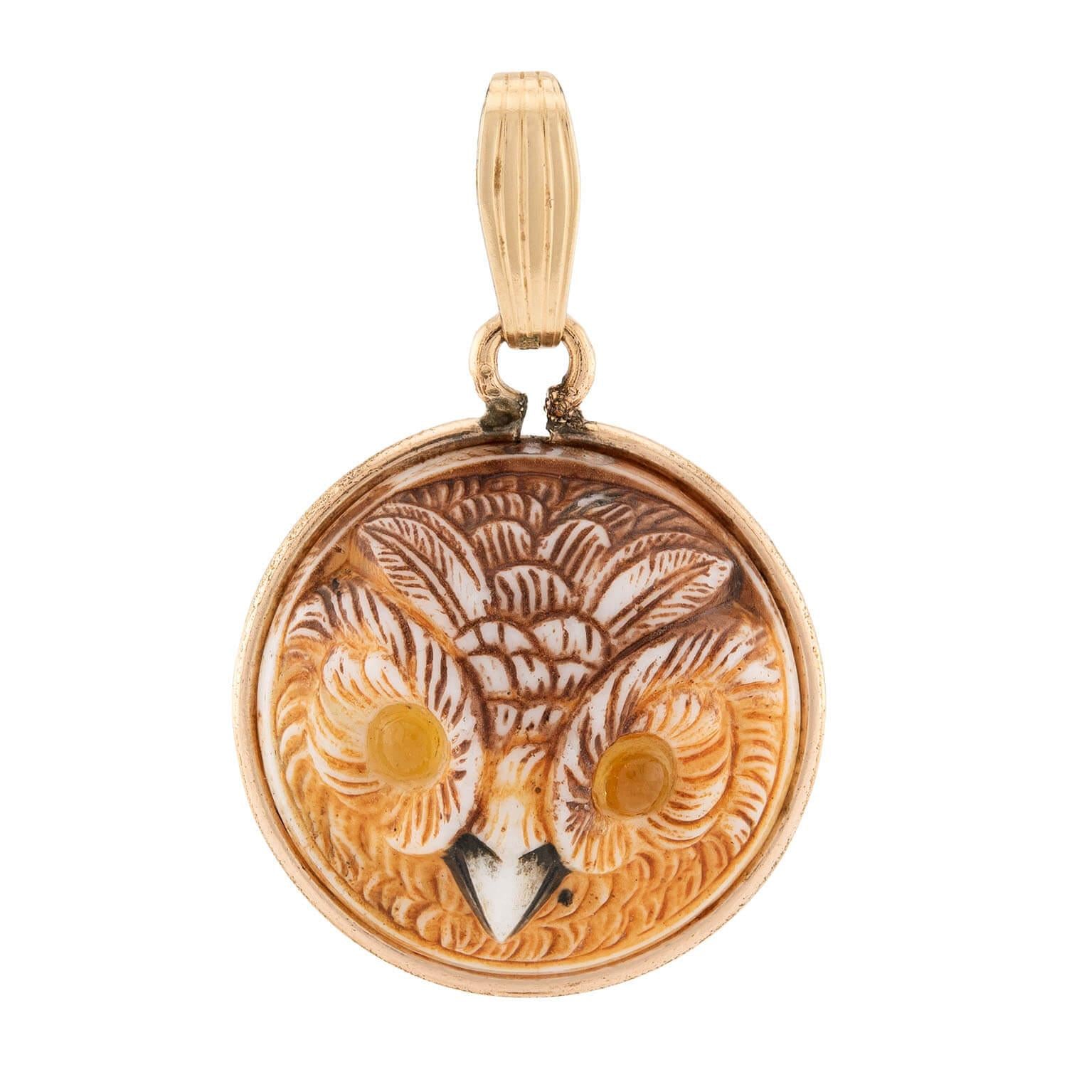 Art Nouveau Gold-Filled Celluloid & Glass Owl Pendant/Charm