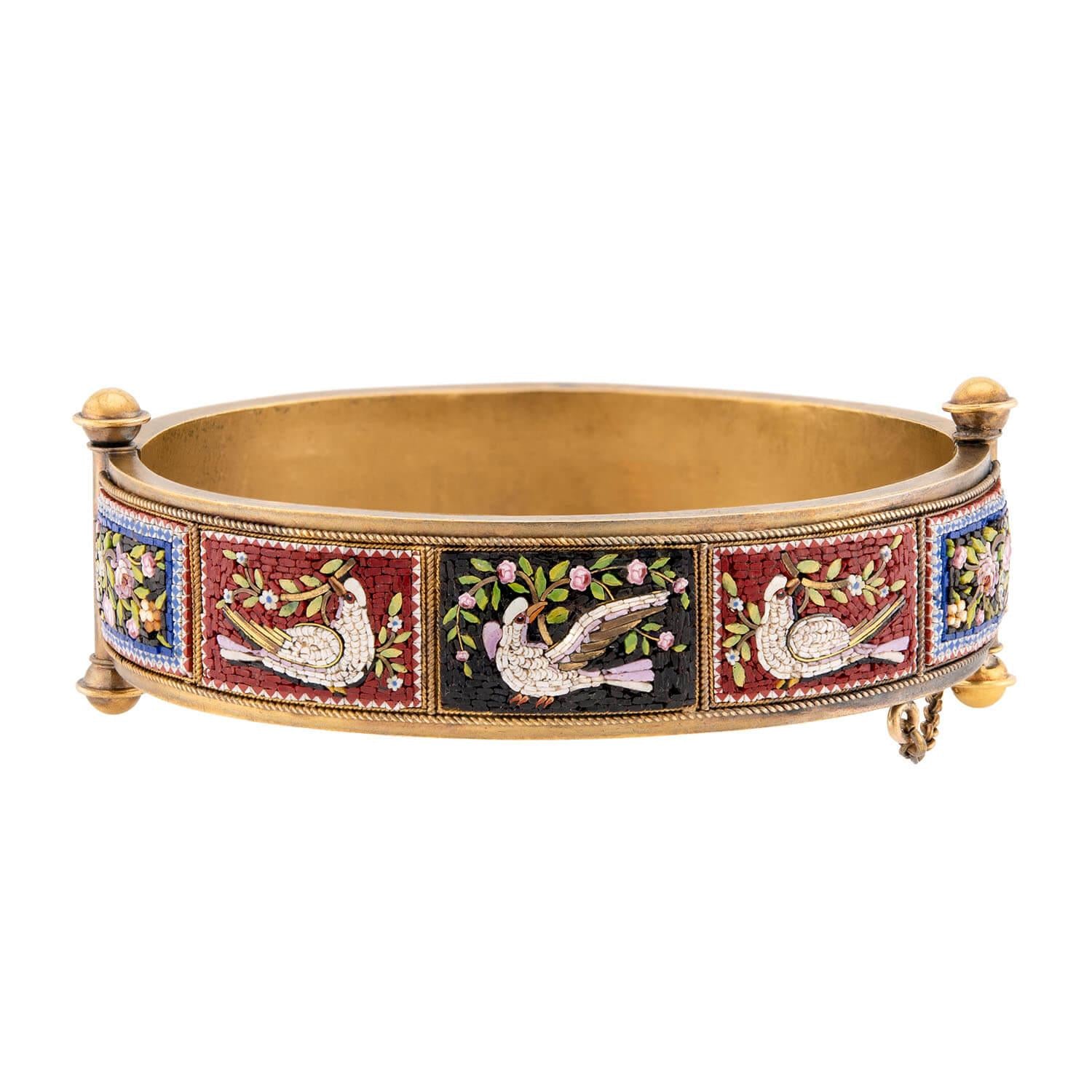 Victorian 18k Micro Mosaic Swan & Floral Motif Bangle