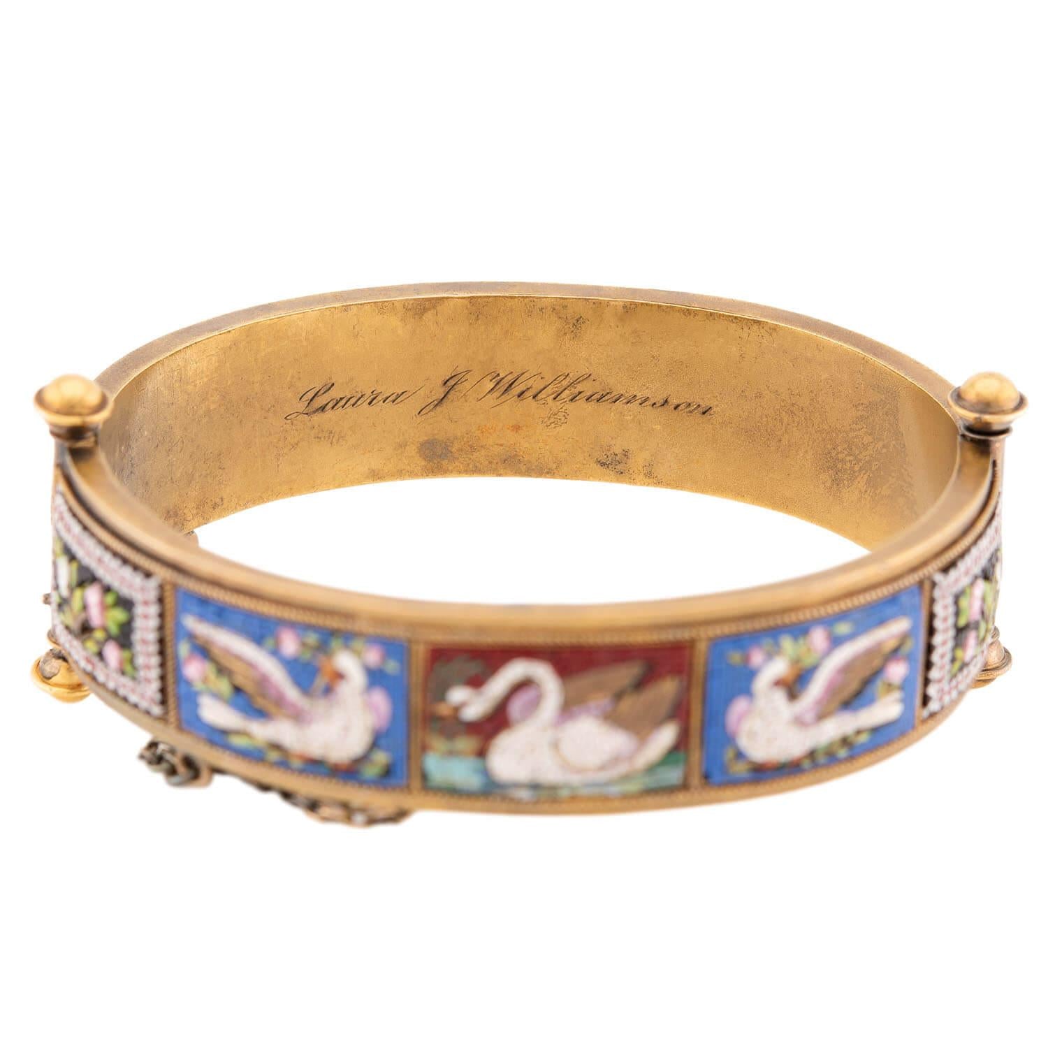 Victorian 18k Micro Mosaic Swan & Floral Motif Bangle