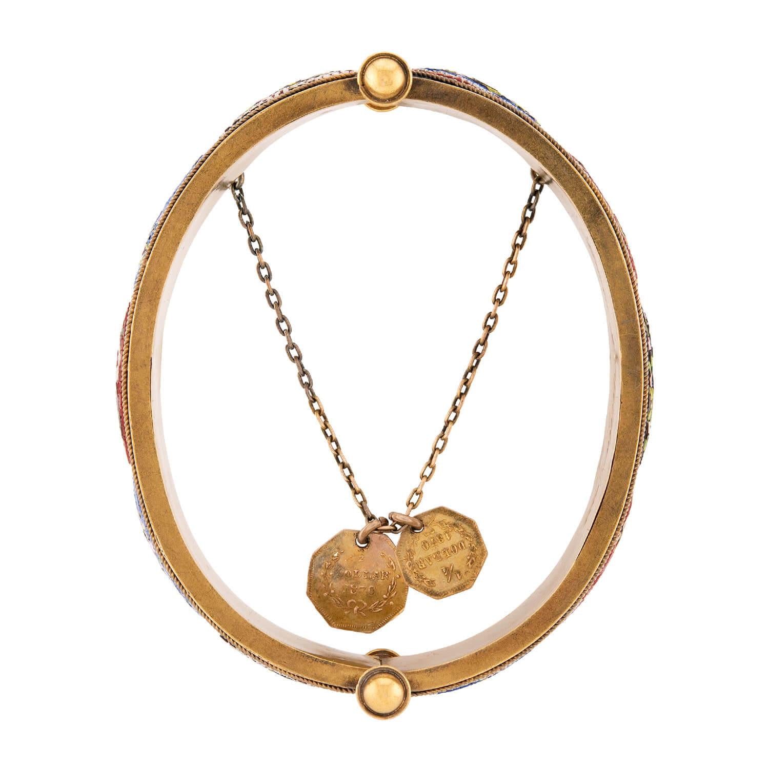 Victorian 18k Micro Mosaic Swan & Floral Motif Bangle