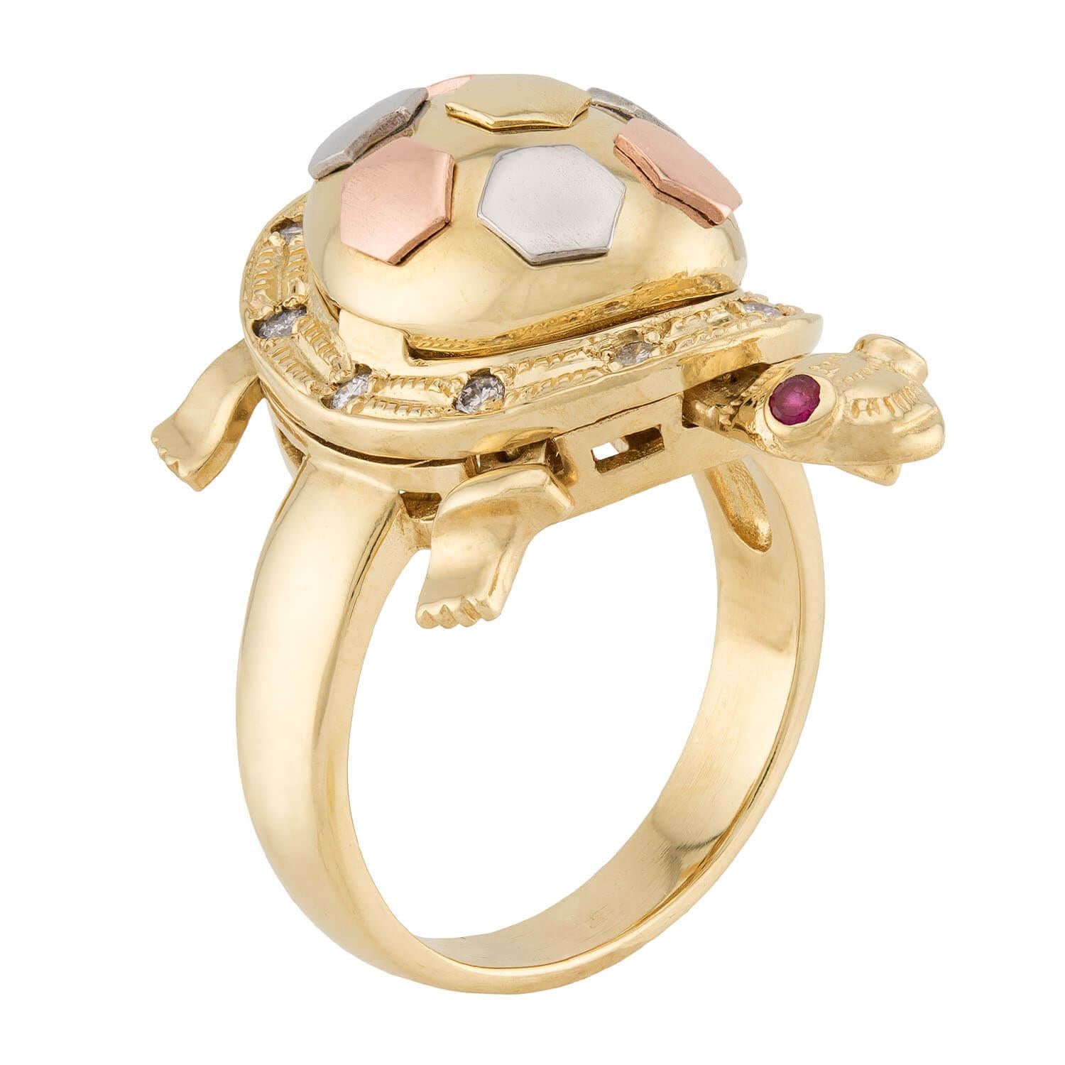 Estate 10k Mixed Metal Diamond & Ruby Turtle Ring