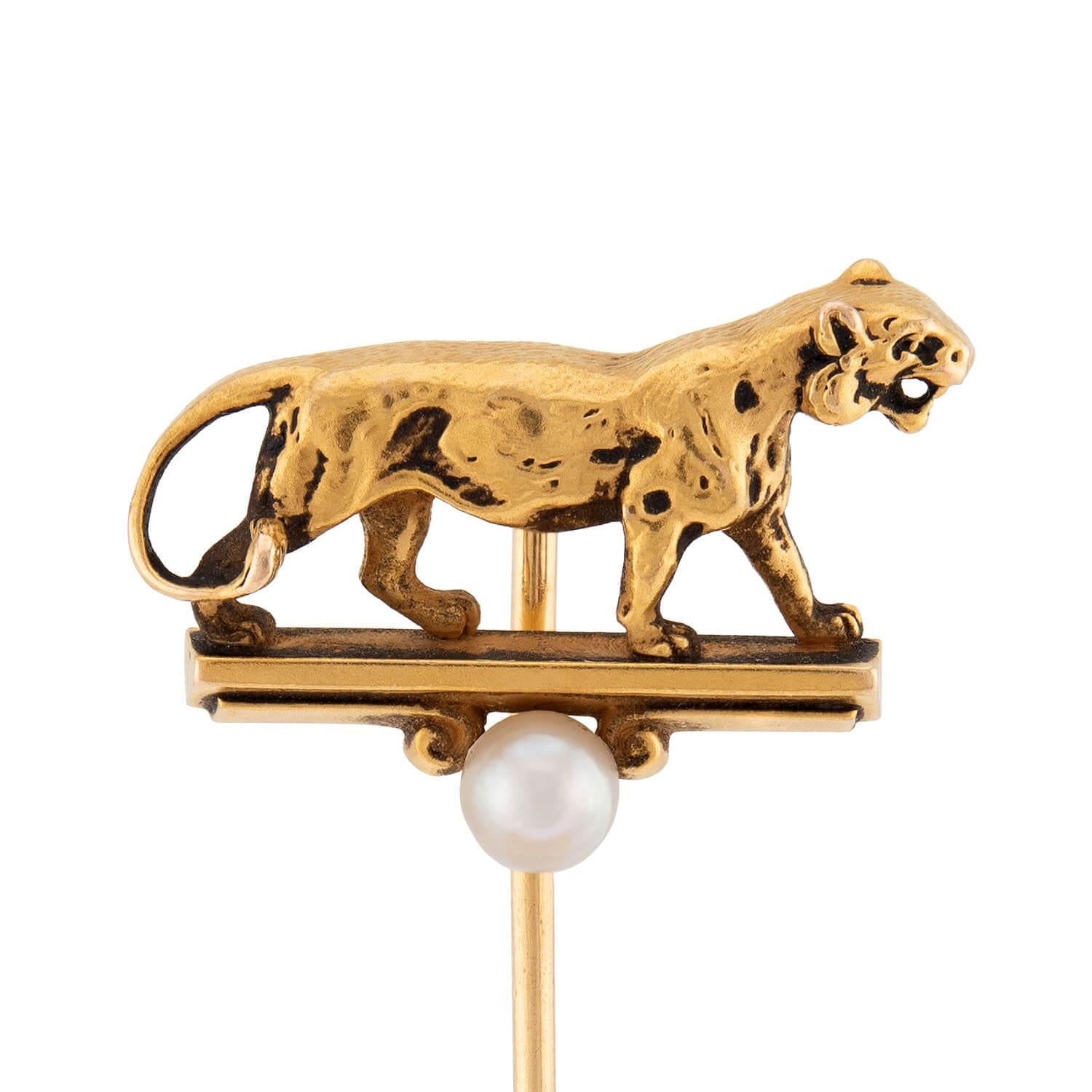 HENRY BLANK & CO. Art Deco 14k Pearl Tiger Stick Pin