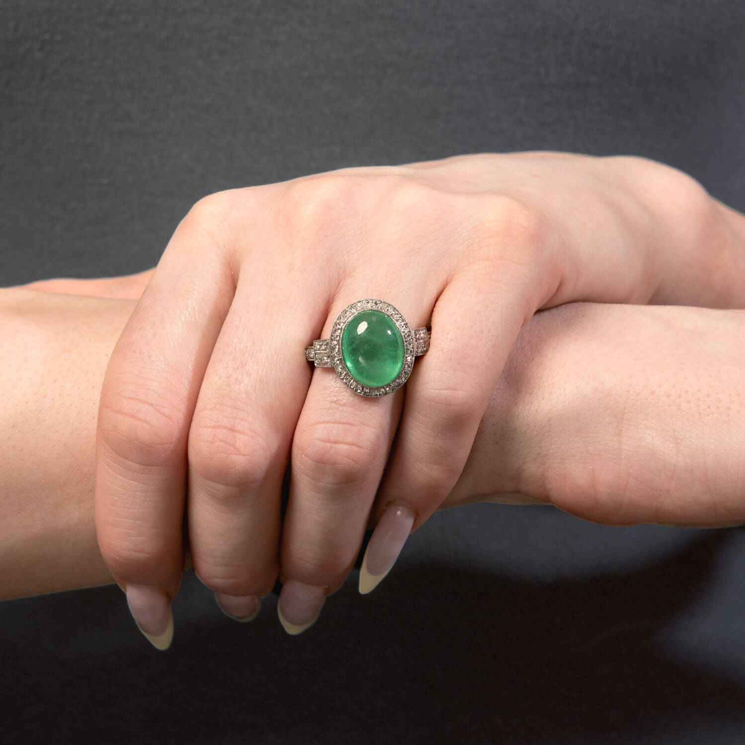 Art Deco Platinum Emerald & Diamond Halo Ring