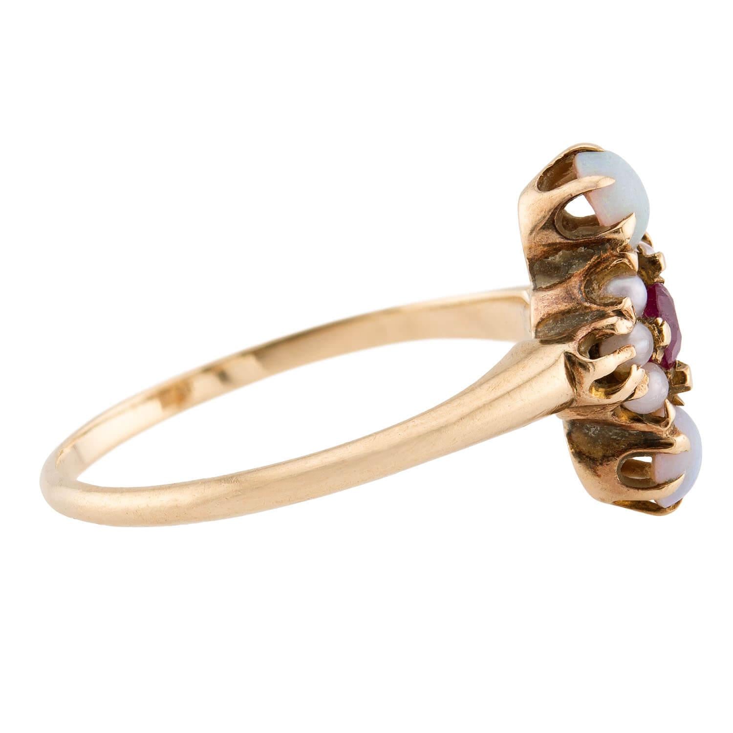 Victorian 14k Ruby, Opal, & Pearl Navette Ring