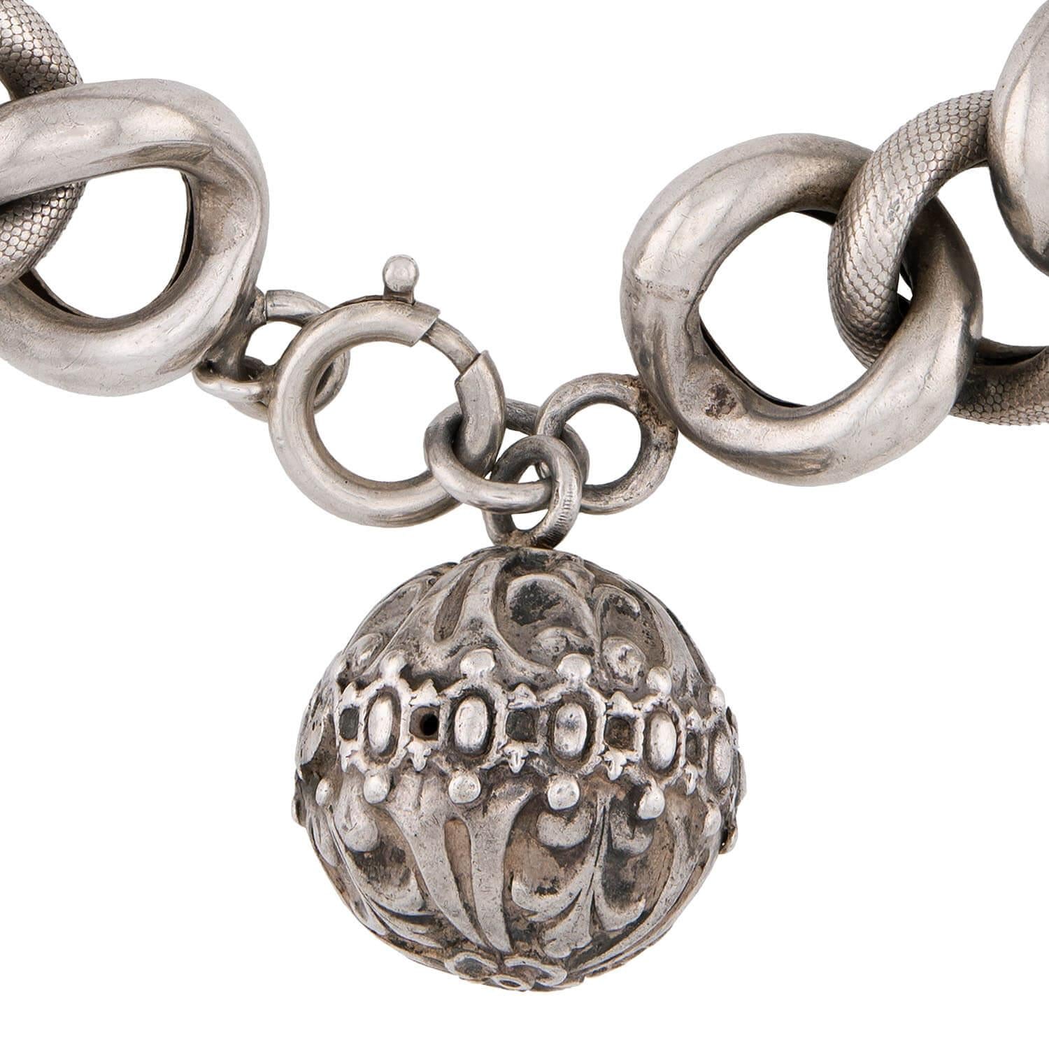 Victorian French Sterling Silver Curb Link & Repoussé Ball Charm Bracelet