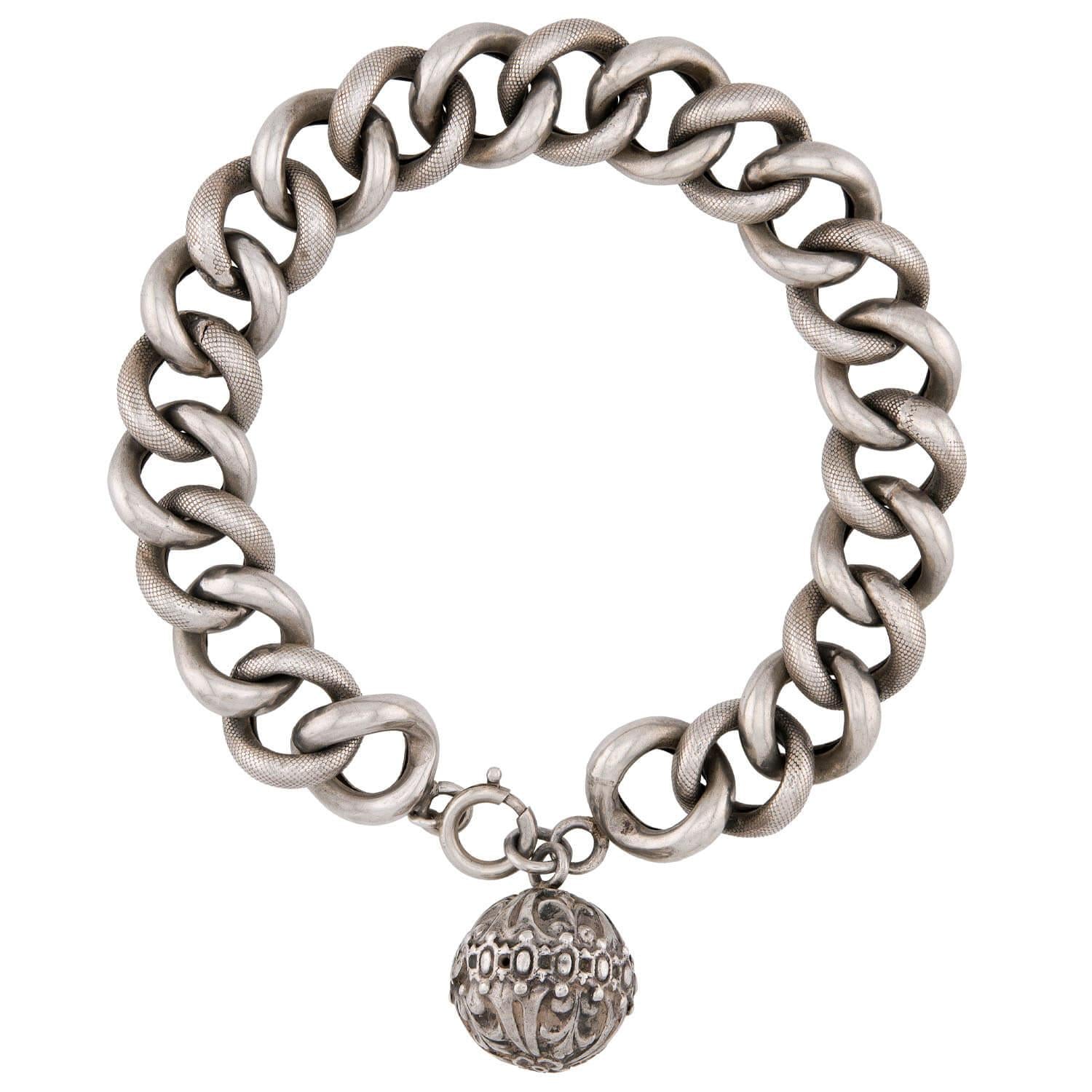 Victorian French Sterling Silver Curb Link & Repoussé Ball Charm Bracelet