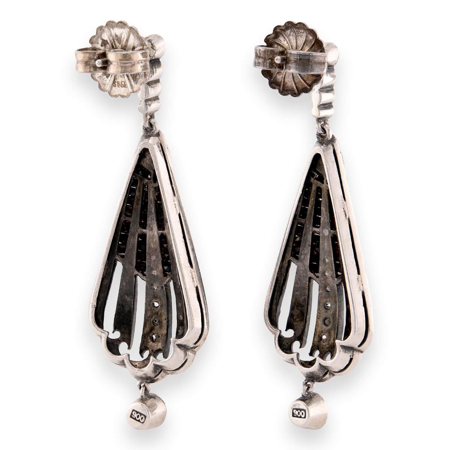 Art Deco 900 Silver Paste & Onyx Drop Earrings