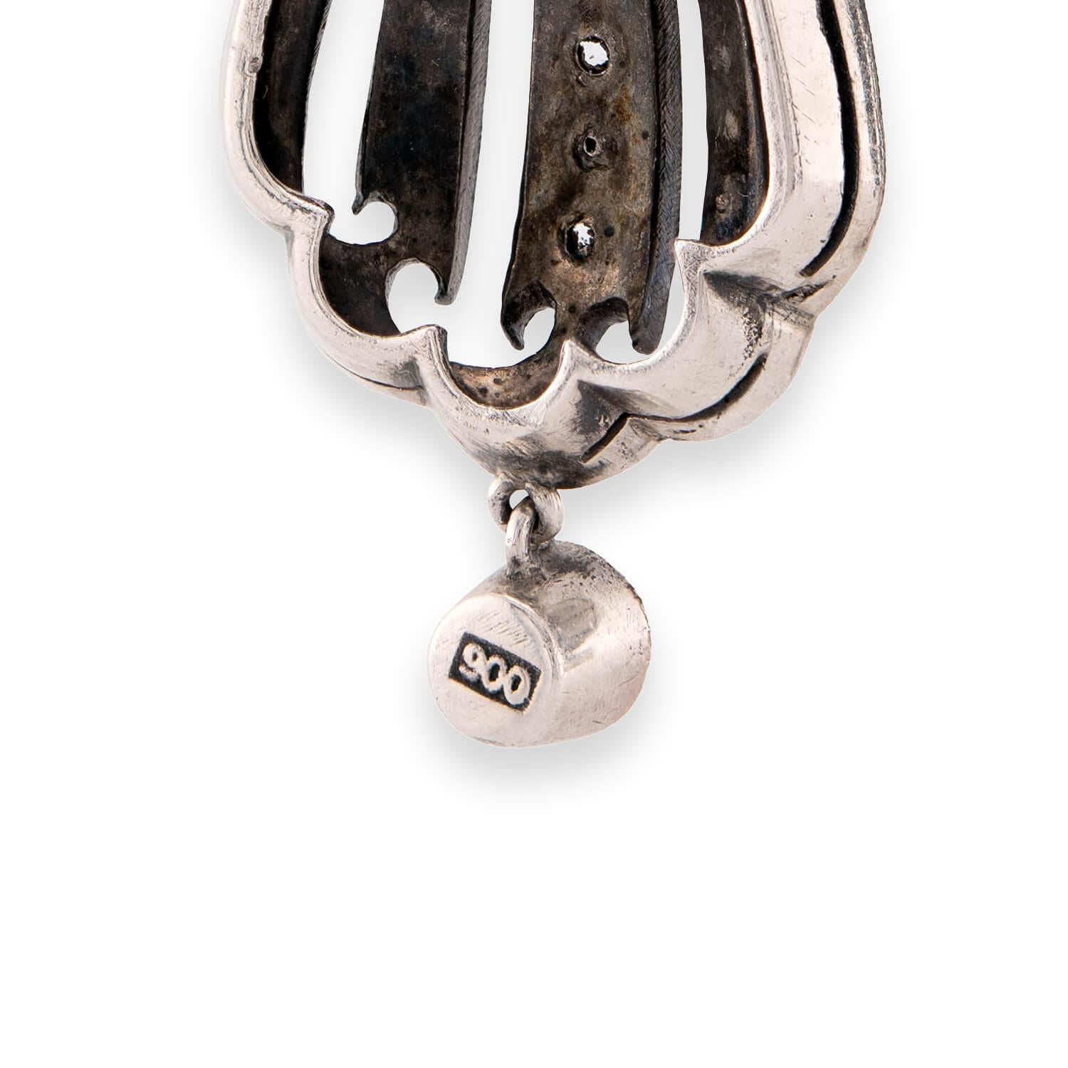 Art Deco 900 Silver Paste & Onyx Drop Earrings