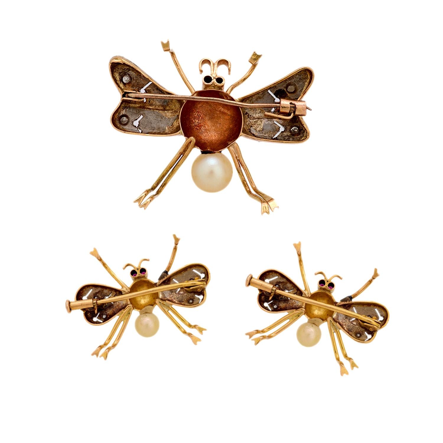 Retro 14k/Sterling Silver Ruby, Diamond, and Pearl Bug Pin Set