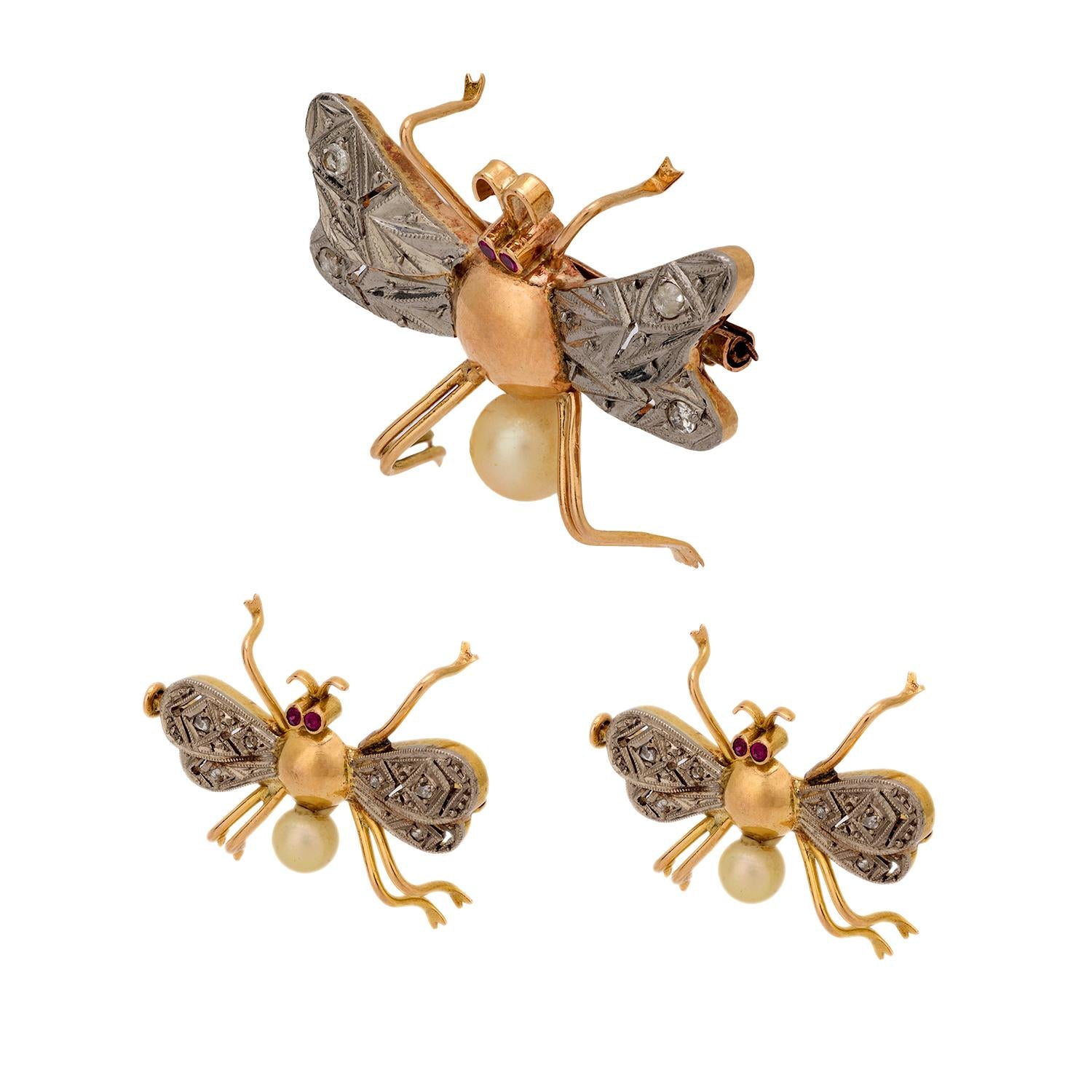 Retro 14k/Sterling Silver Ruby, Diamond, and Pearl Bug Pin Set
