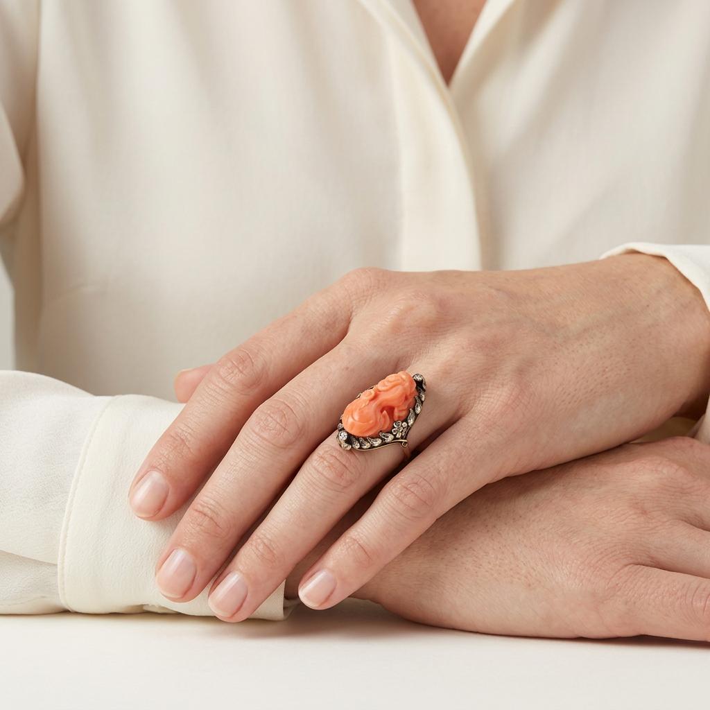 Victorian 14k Coral & Diamond Cameo Ring
