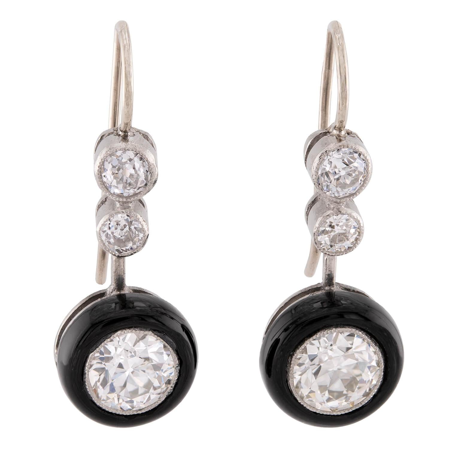 Art Deco Platinum Diamond Onyx Drop Earrings