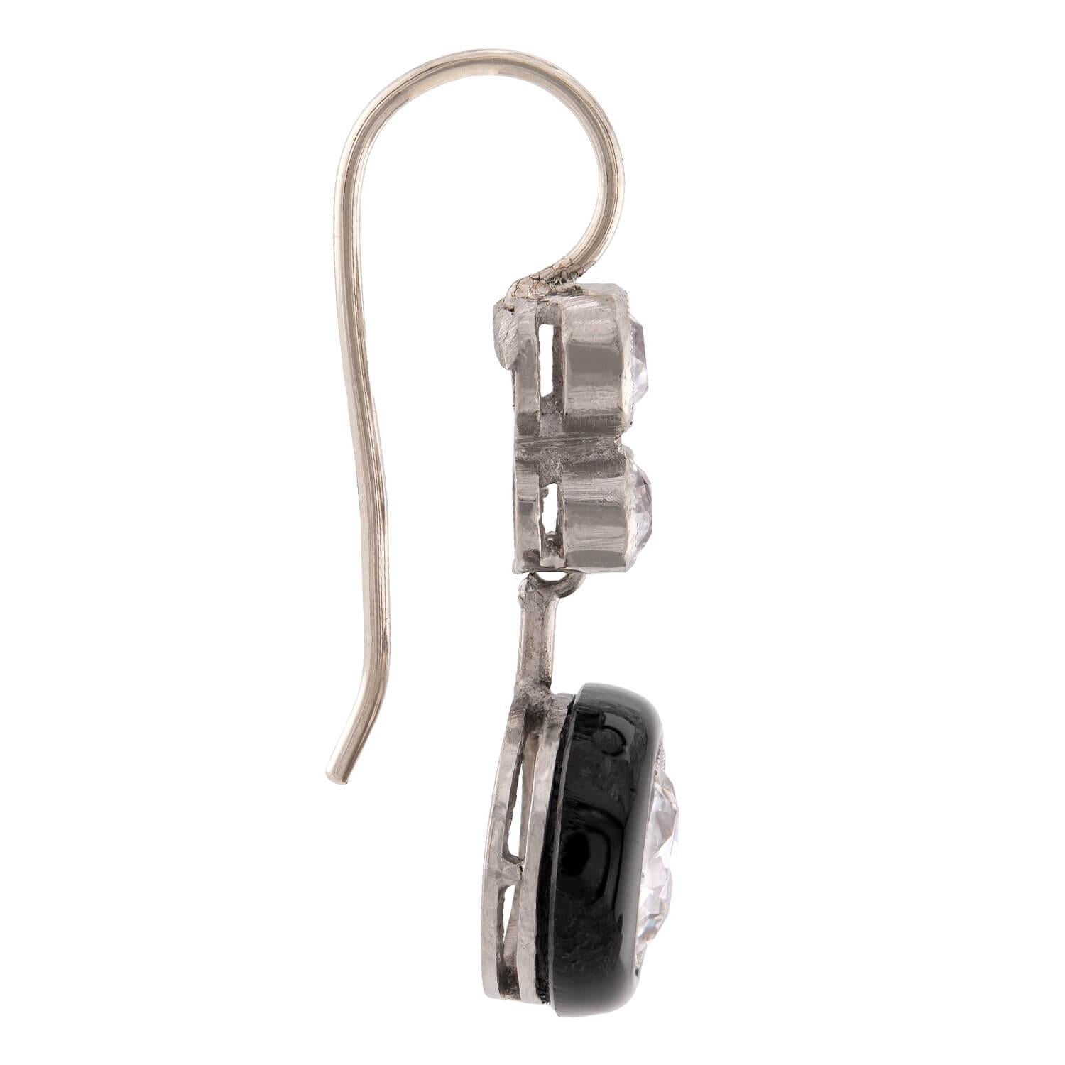 Art Deco Platinum Diamond Onyx Drop Earrings