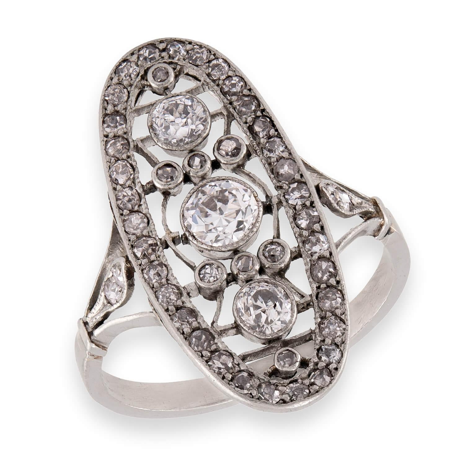 Edwardian Russian Platinum Diamond Navette Ring