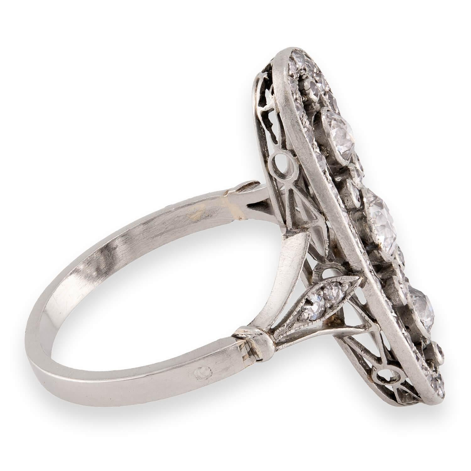 Edwardian Russian Platinum Diamond Navette Ring