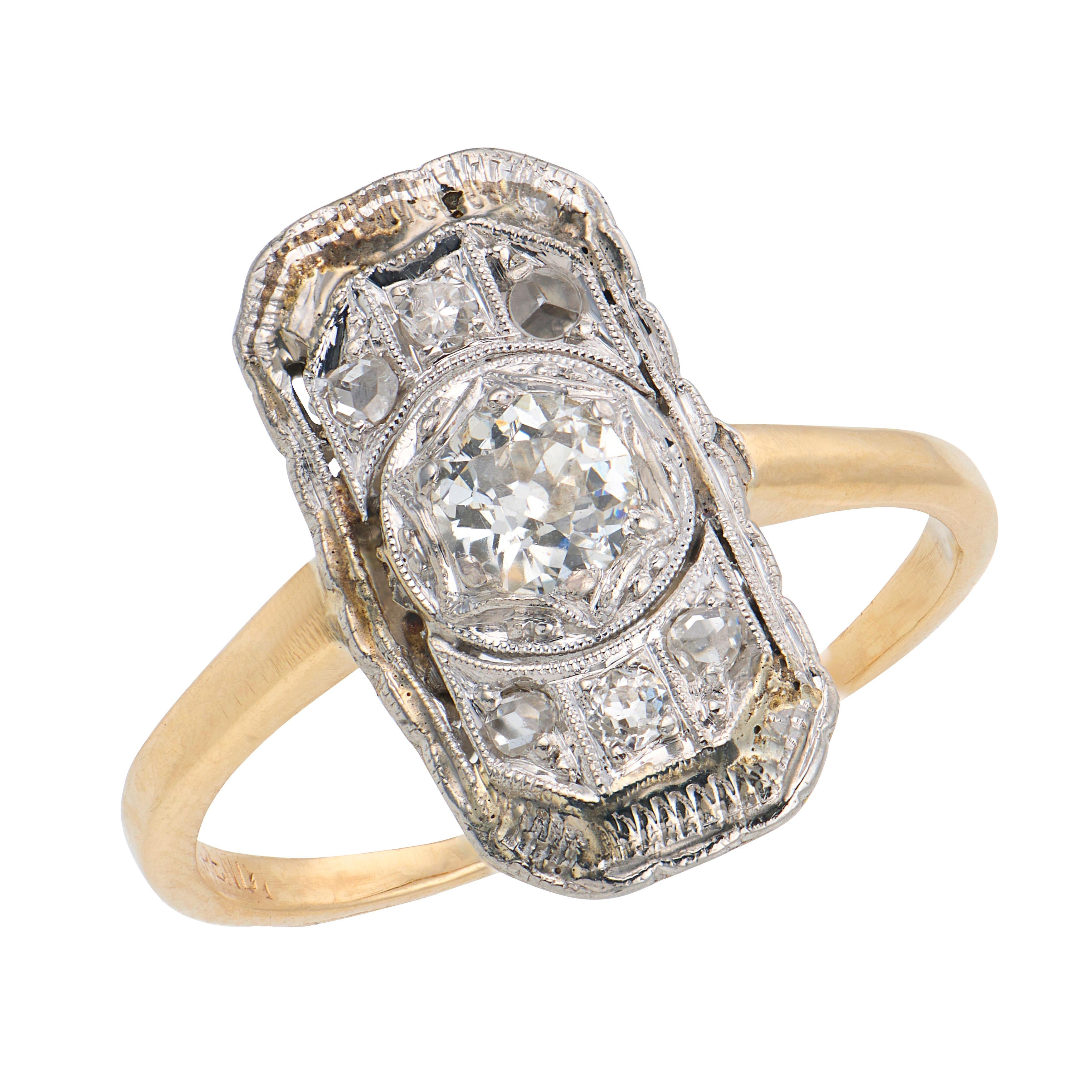 Edwardian 14k/Platinum Diamond Navette Ring