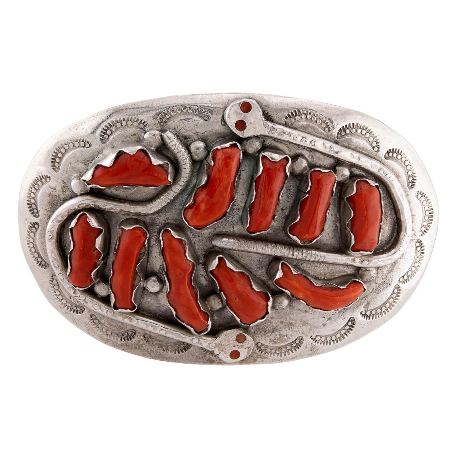 EFFIE C. Vintage Native American Sterling Silver Coral Belt Buckle