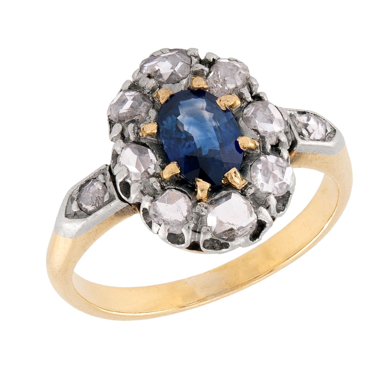 Art Nouveau 18k/Platinum Sapphire & Diamond Halo Ring