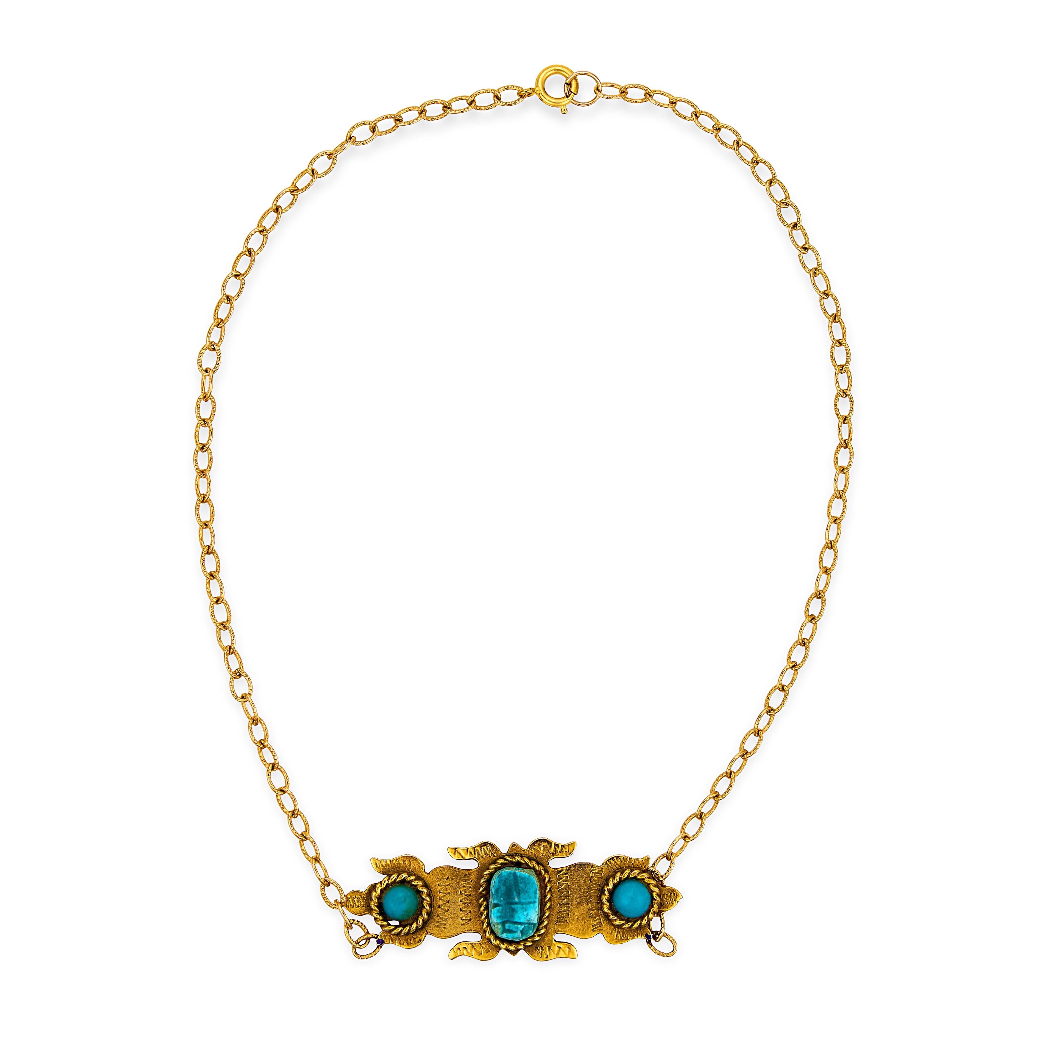 Victorian Gold-Fill Faience & Turquoise Scarab-Motif Pendant Necklace