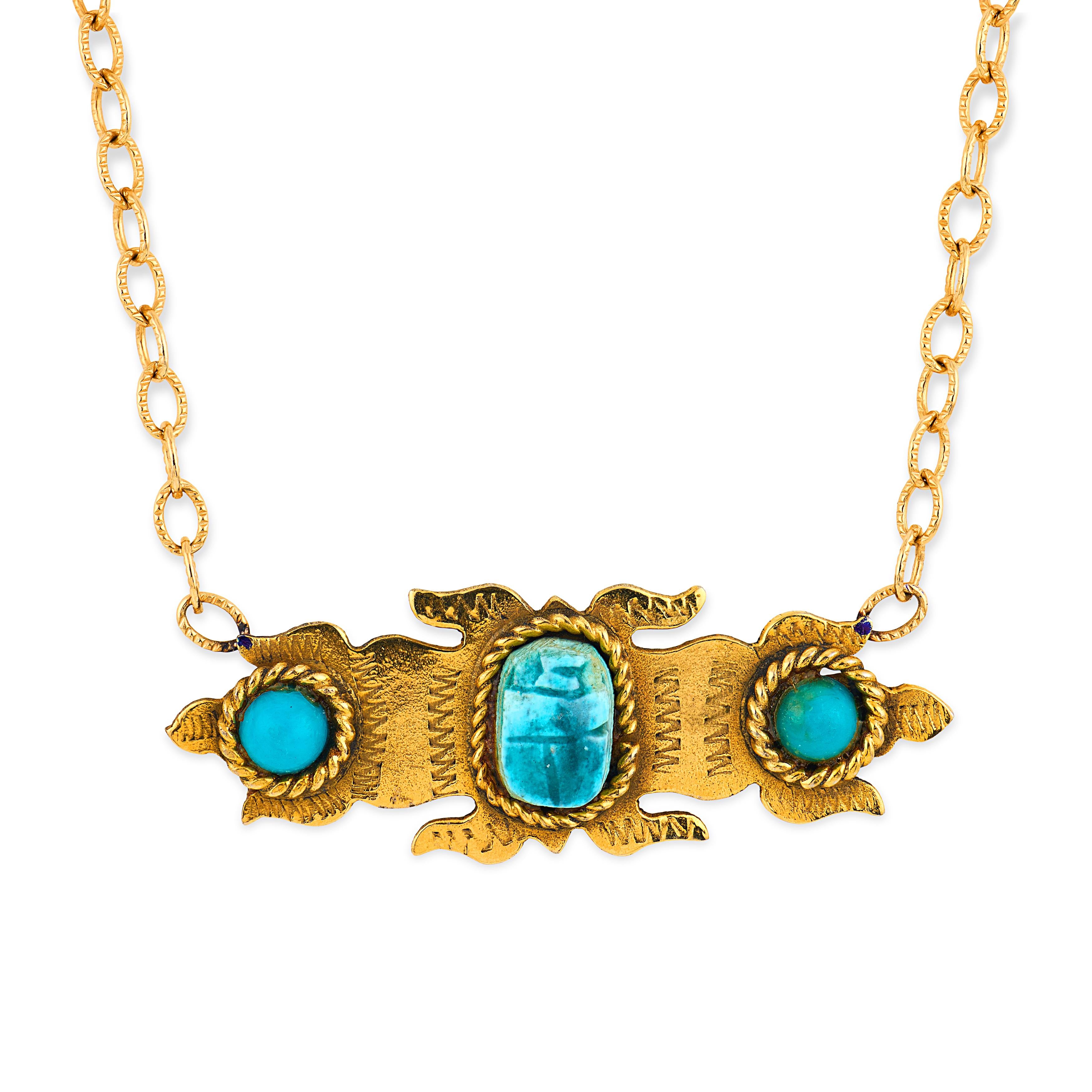 Victorian Gold-Fill Faience & Turquoise Scarab-Motif Pendant Necklace