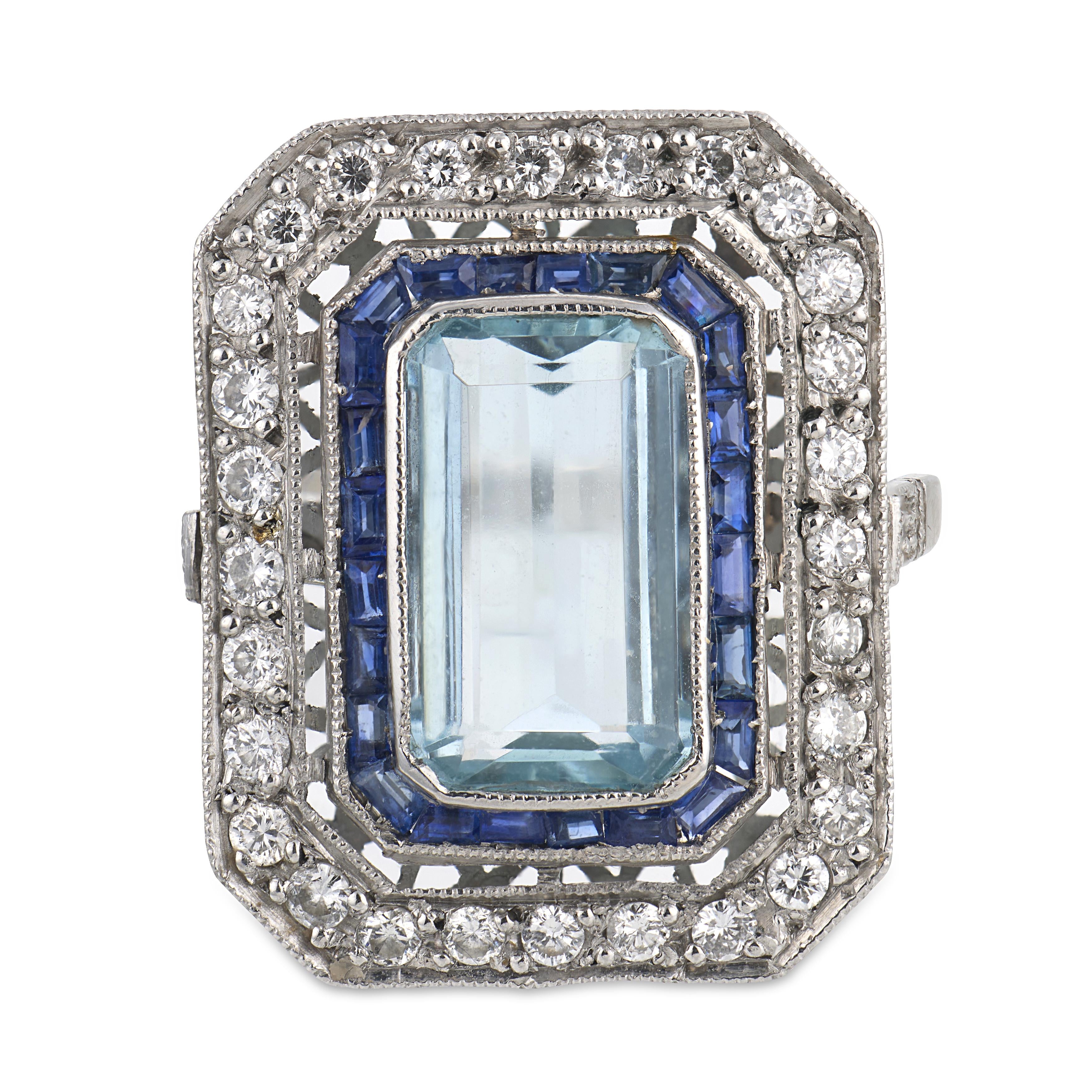 Estate Platinum Aqua, Sapphire, & Diamond Statement Ring