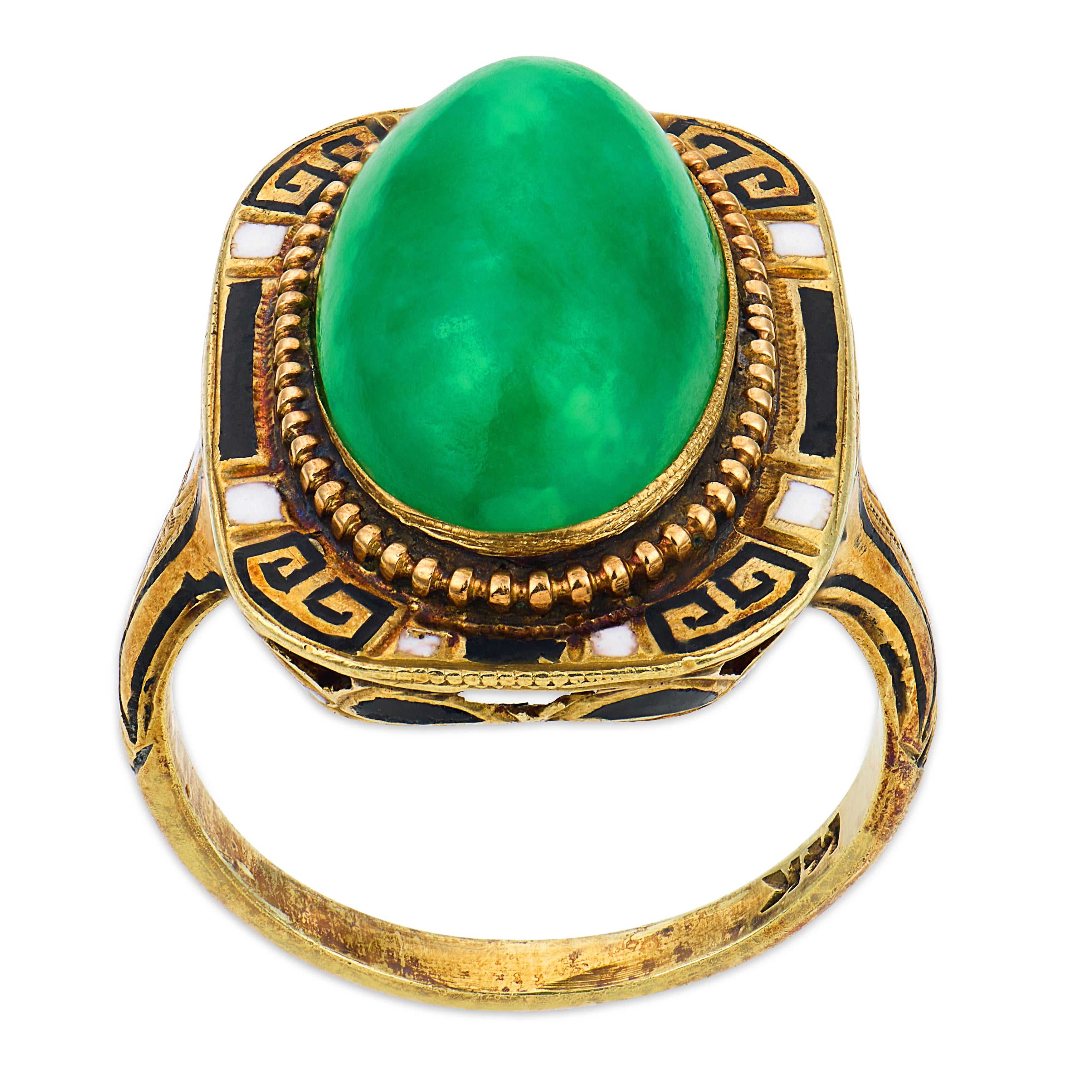Art Deco 14k Jade & Enamel Ring