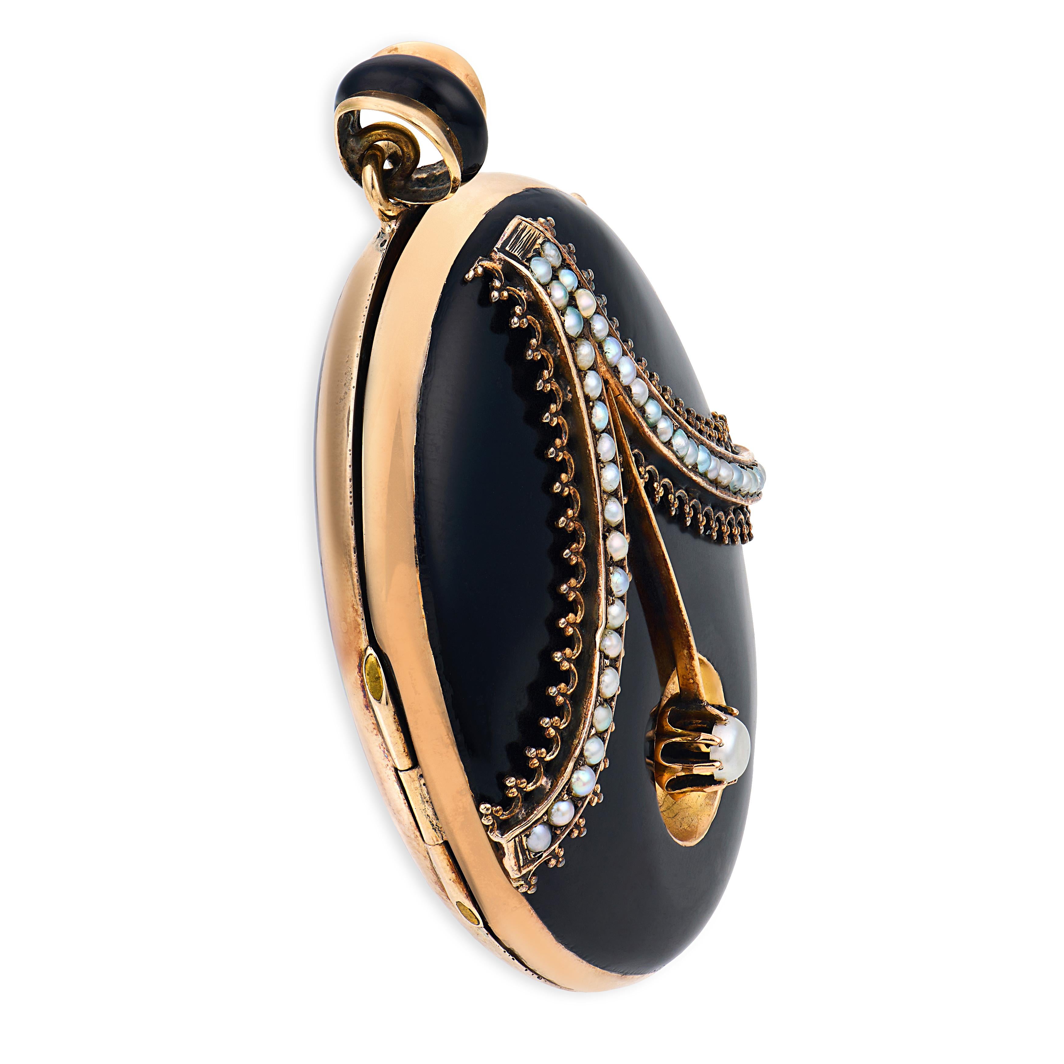 Victorian 14k Onyx & Pearl Locket Pendant