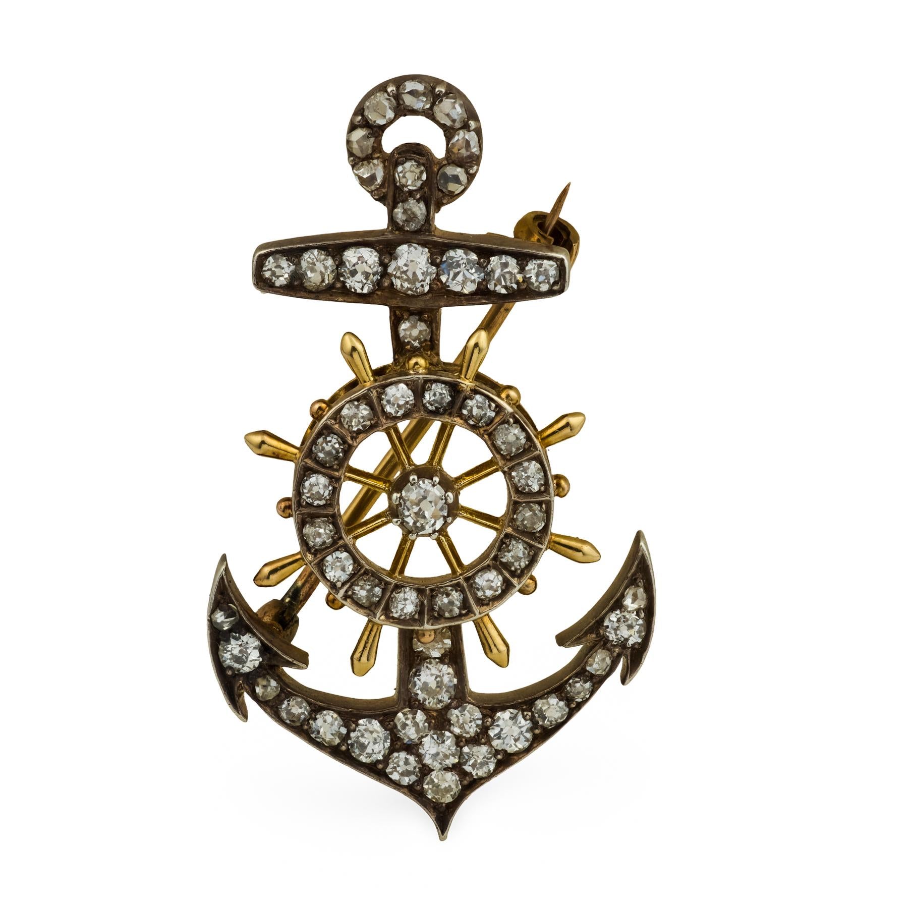 Victorian 15k/Sterling Diamond Anchor & Wheel Pin/Pendant