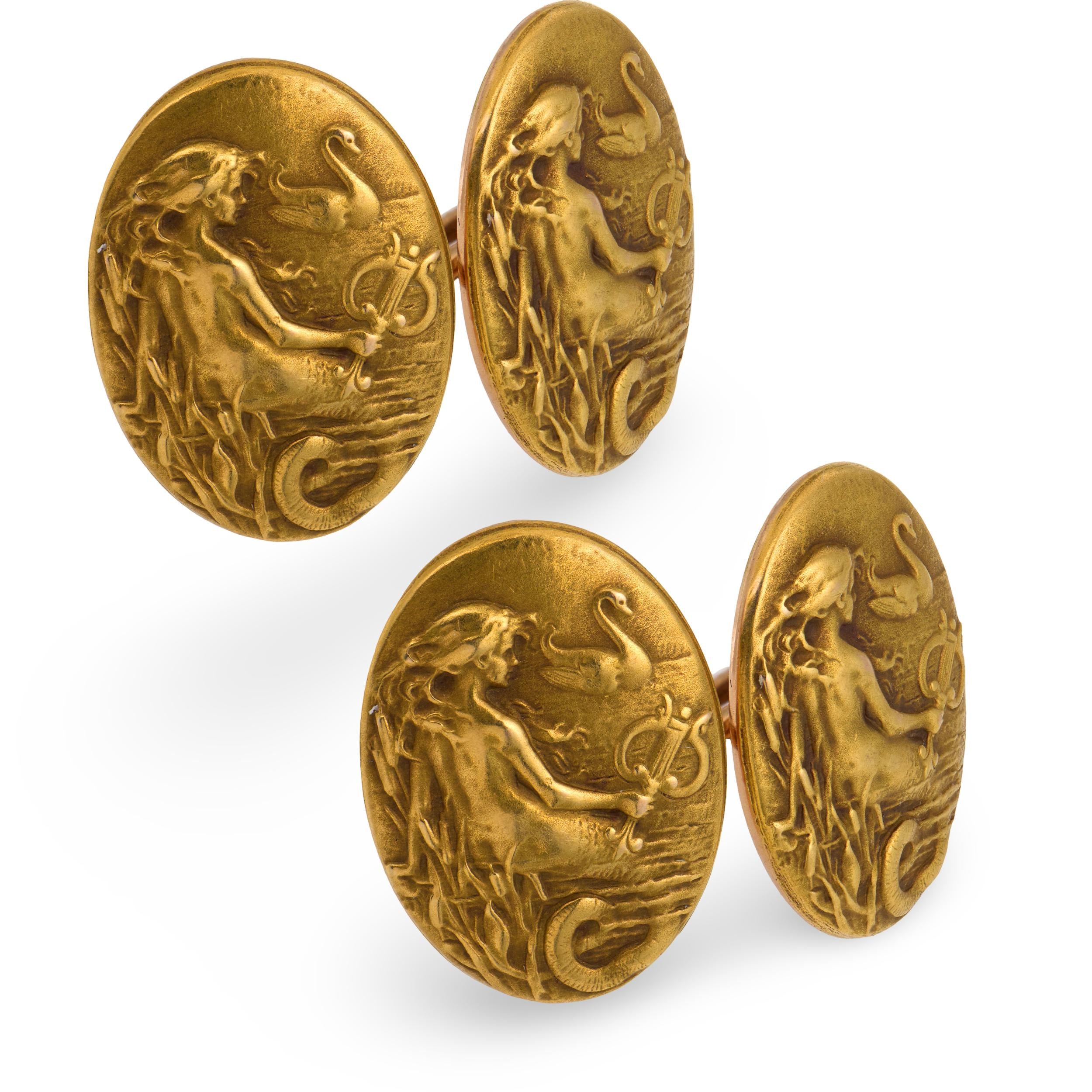KREMENTZ & CO. Art Nouveau 14k Repoussé Mermaid-Motif Cufflinks