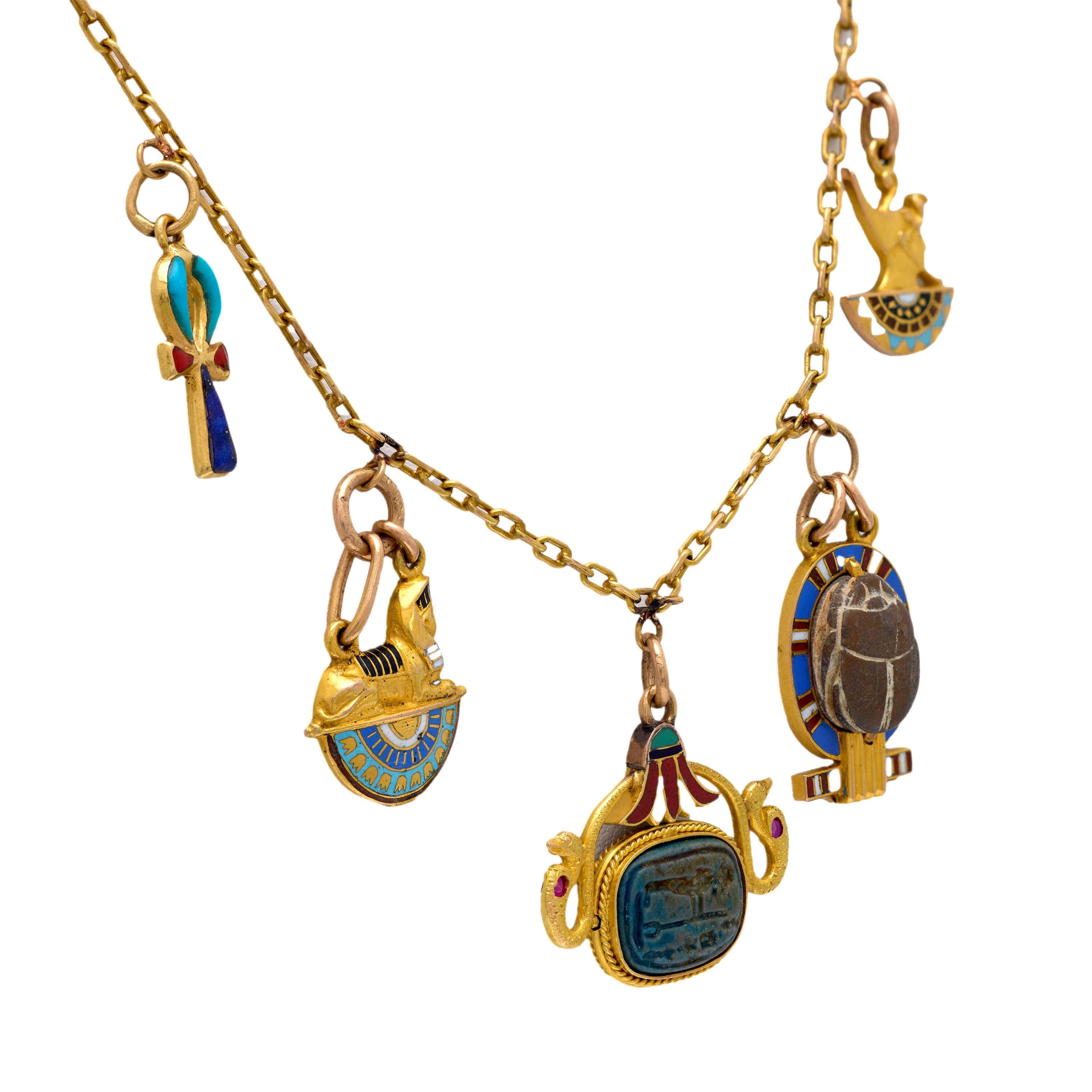 Art Deco 18k and Enamel Egyptian Charm Necklace