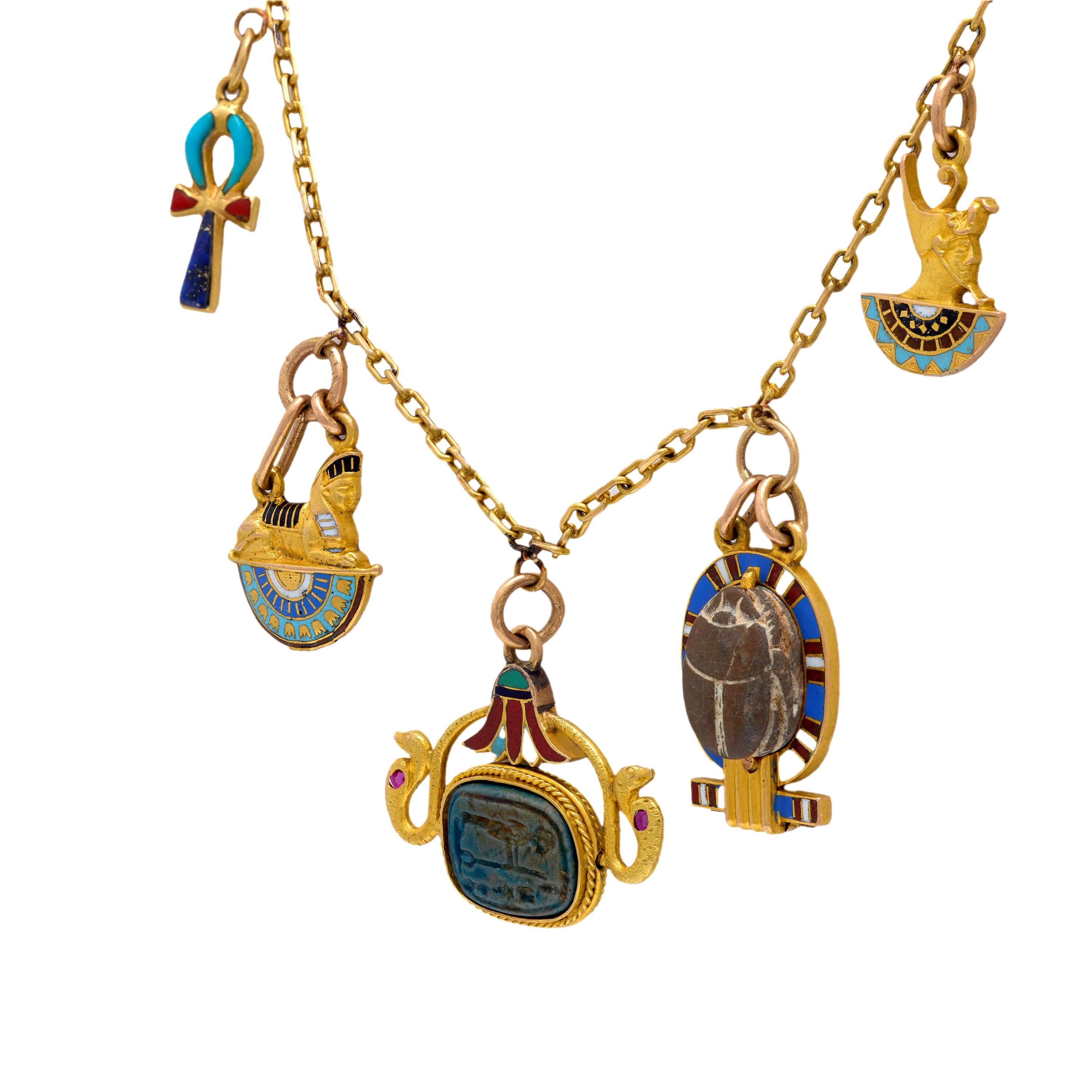 Art Deco 18k and Enamel Egyptian Charm Necklace