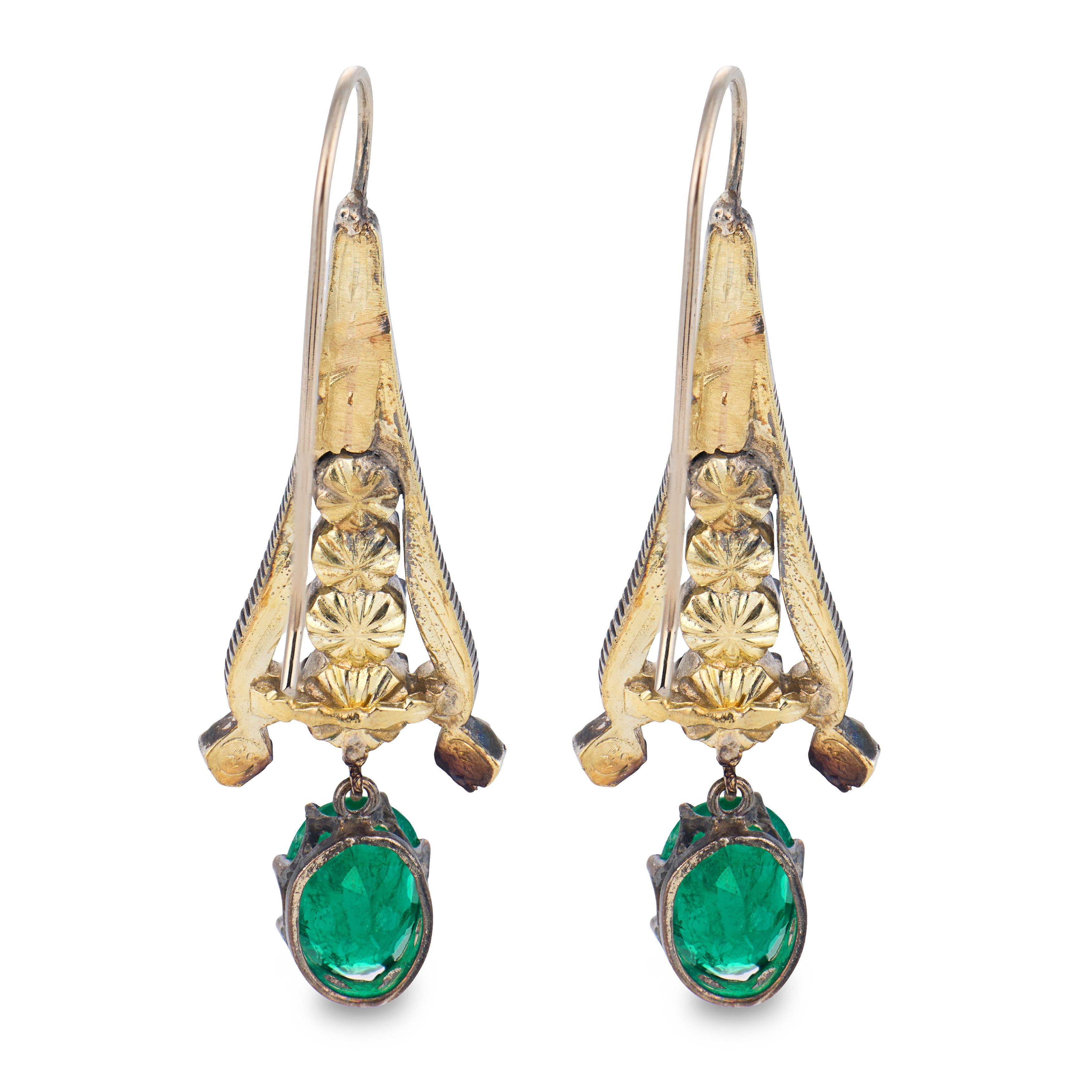 Georgian 14k/Sterling Silver Diamond & Emerald Dangle Earrings