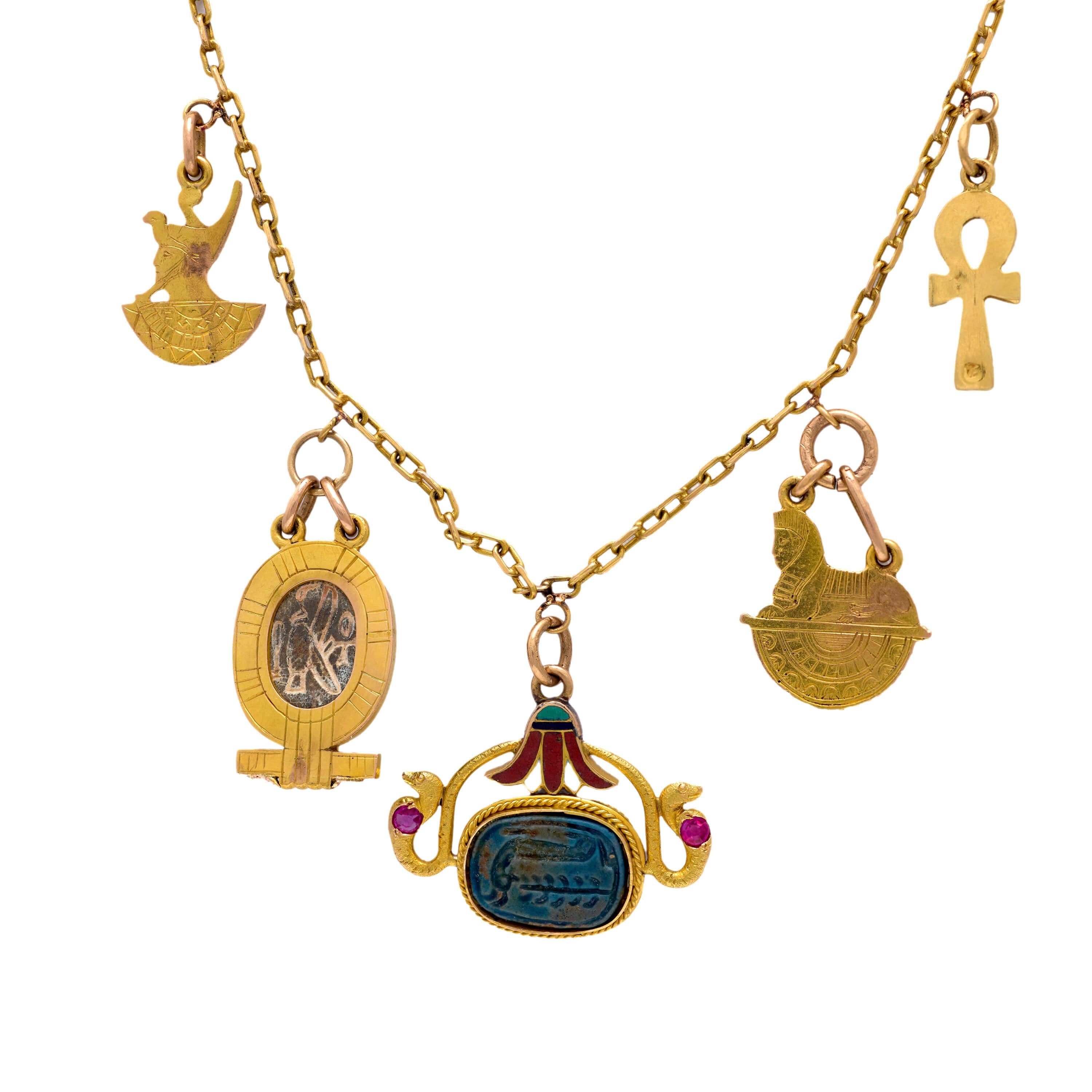 Art Deco 18k and Enamel Egyptian Charm Necklace