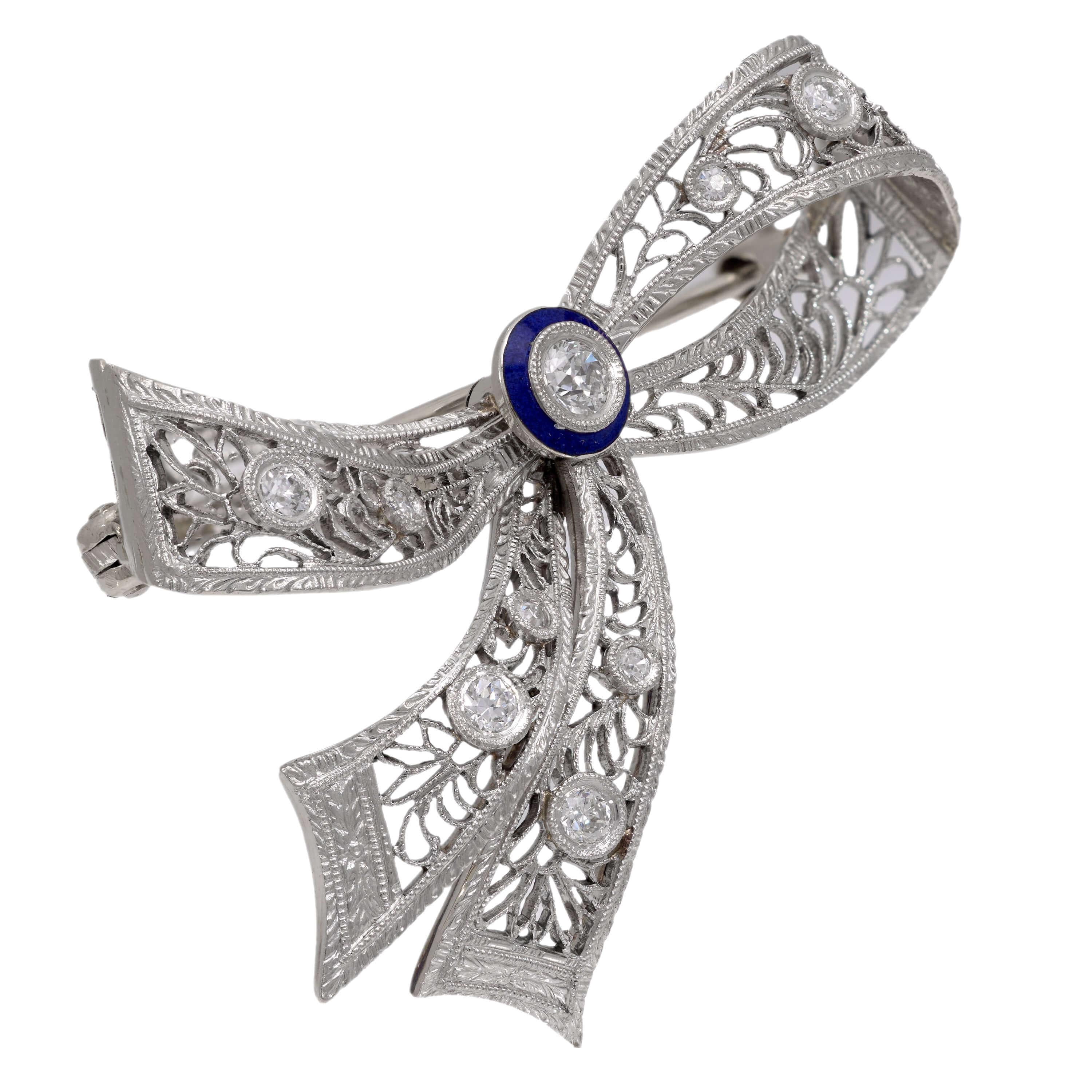 Edwardian 14k Diamond and Enamel Bow Pin