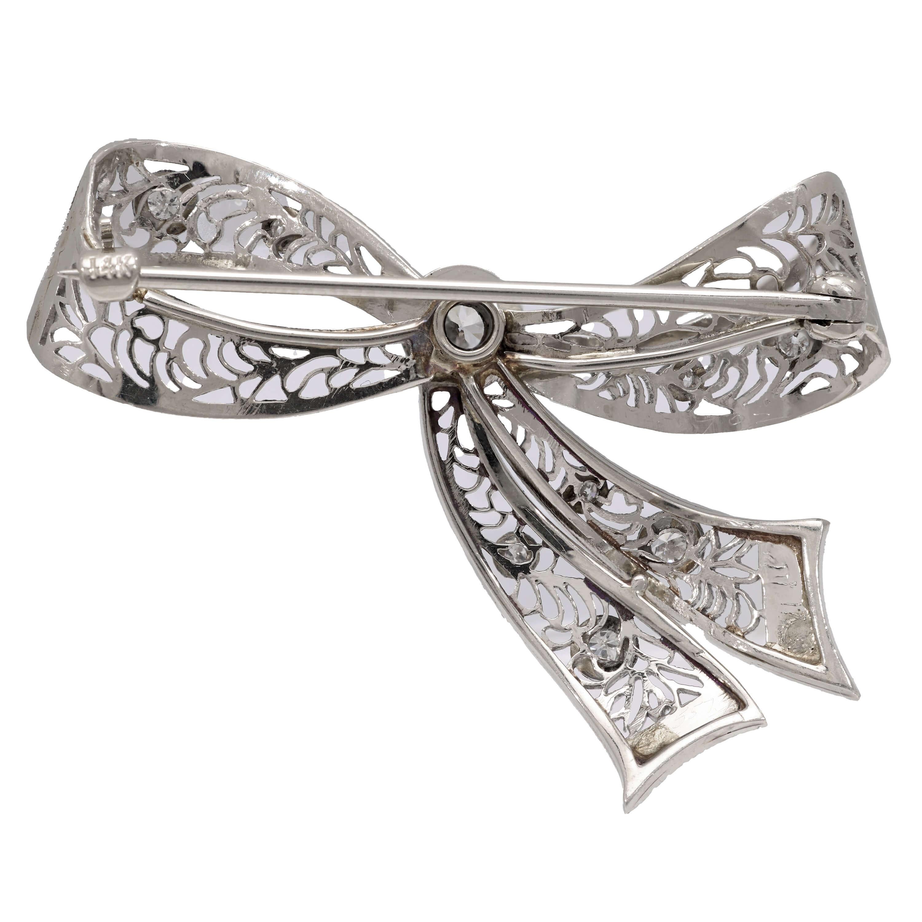 Edwardian 14k Diamond and Enamel Bow Pin