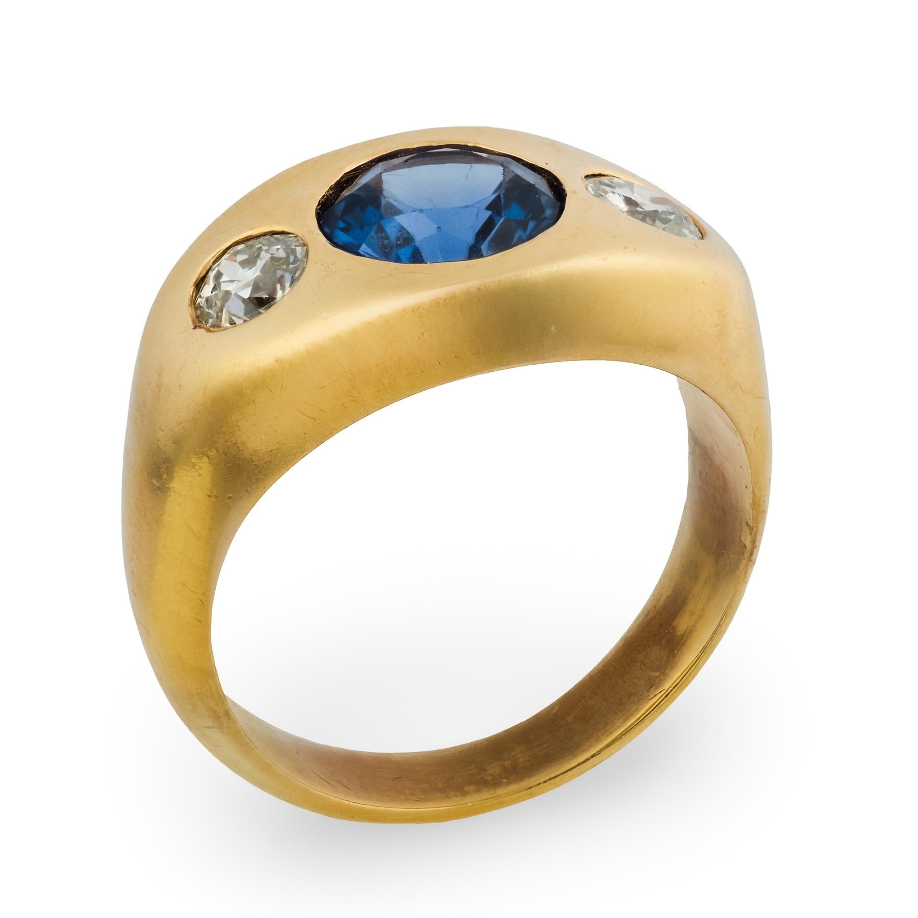 VIctorian 14k Sapphire & Diamond Flush Mount Ring