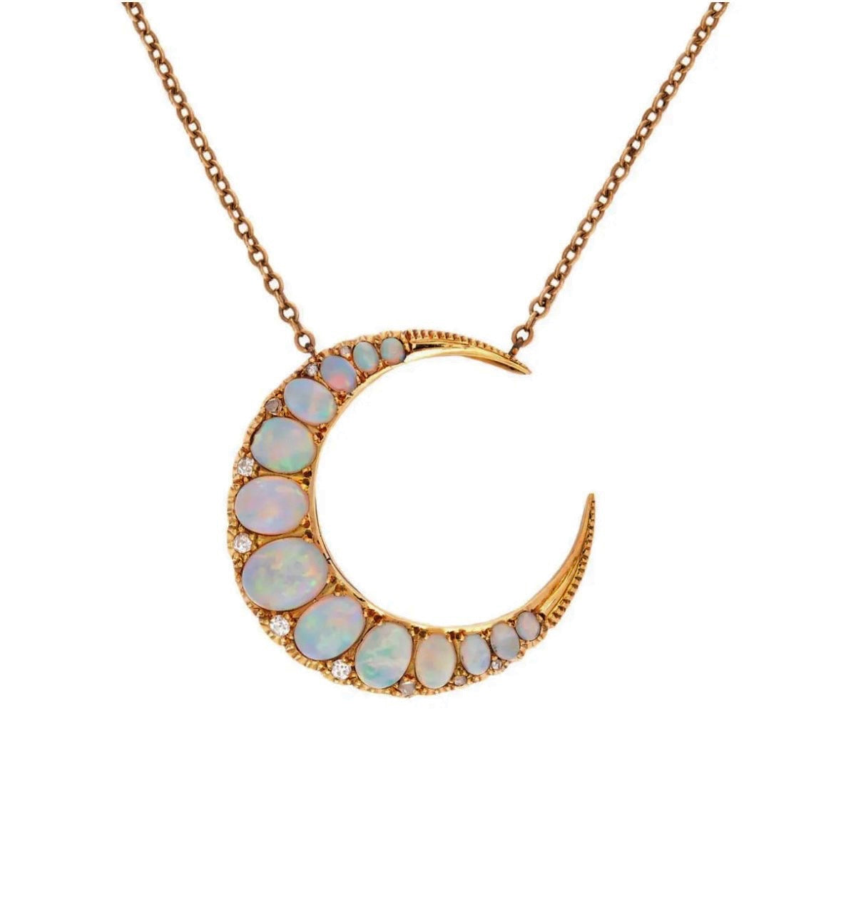 Victorian 18k Opal & Diamond Crescent Pendant Necklace