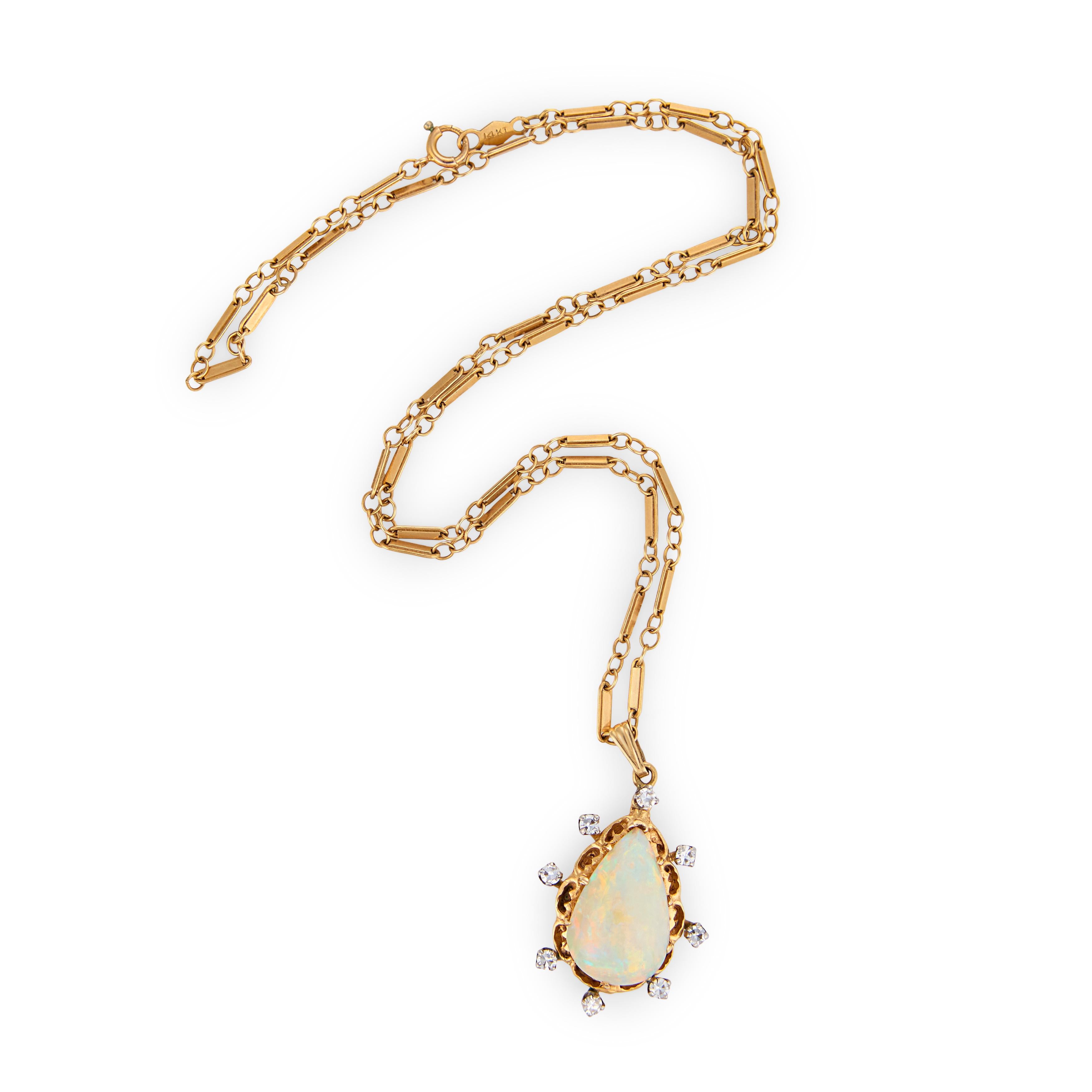 Vintage 14k Opal & Diamond Pendant Necklace