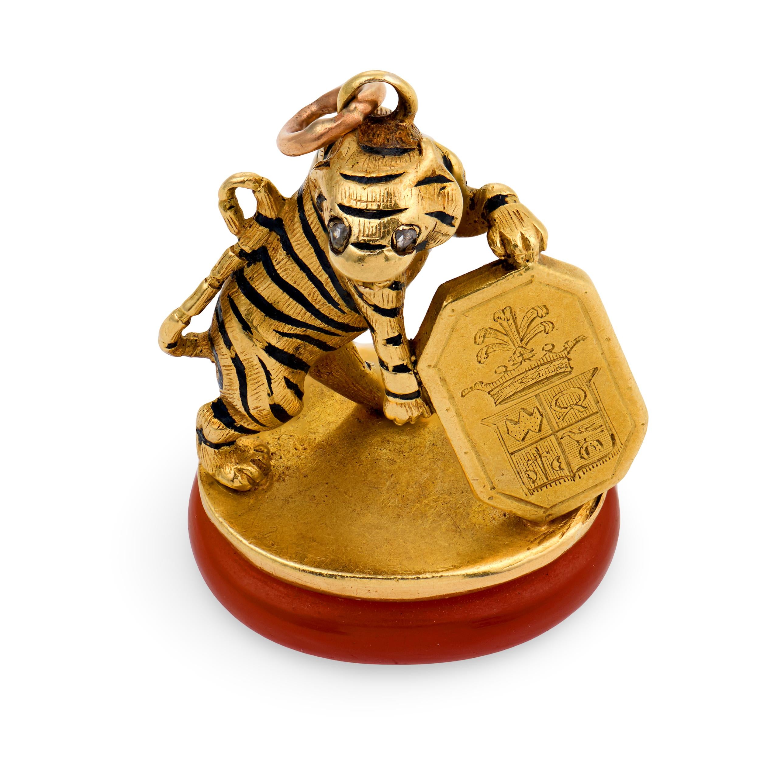 Victorian French 18k Carnelian, Diamond, & Enamel Tiger Fob