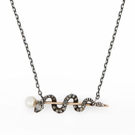 Victorian 15k/Sterling Diamond, Ruby, Pearl "Rod of Asclepius" Pendant Necklace